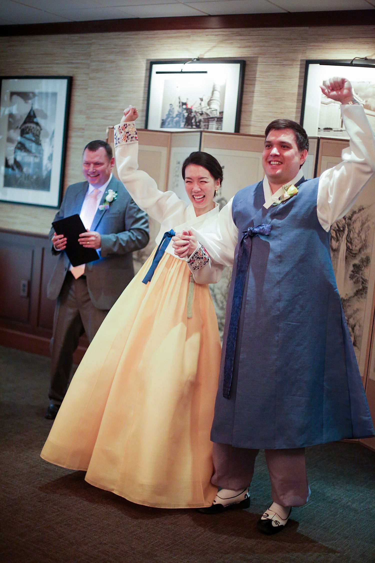 A series of five sequential photos showing people dancing and twirling in formal attire at an indoor event.