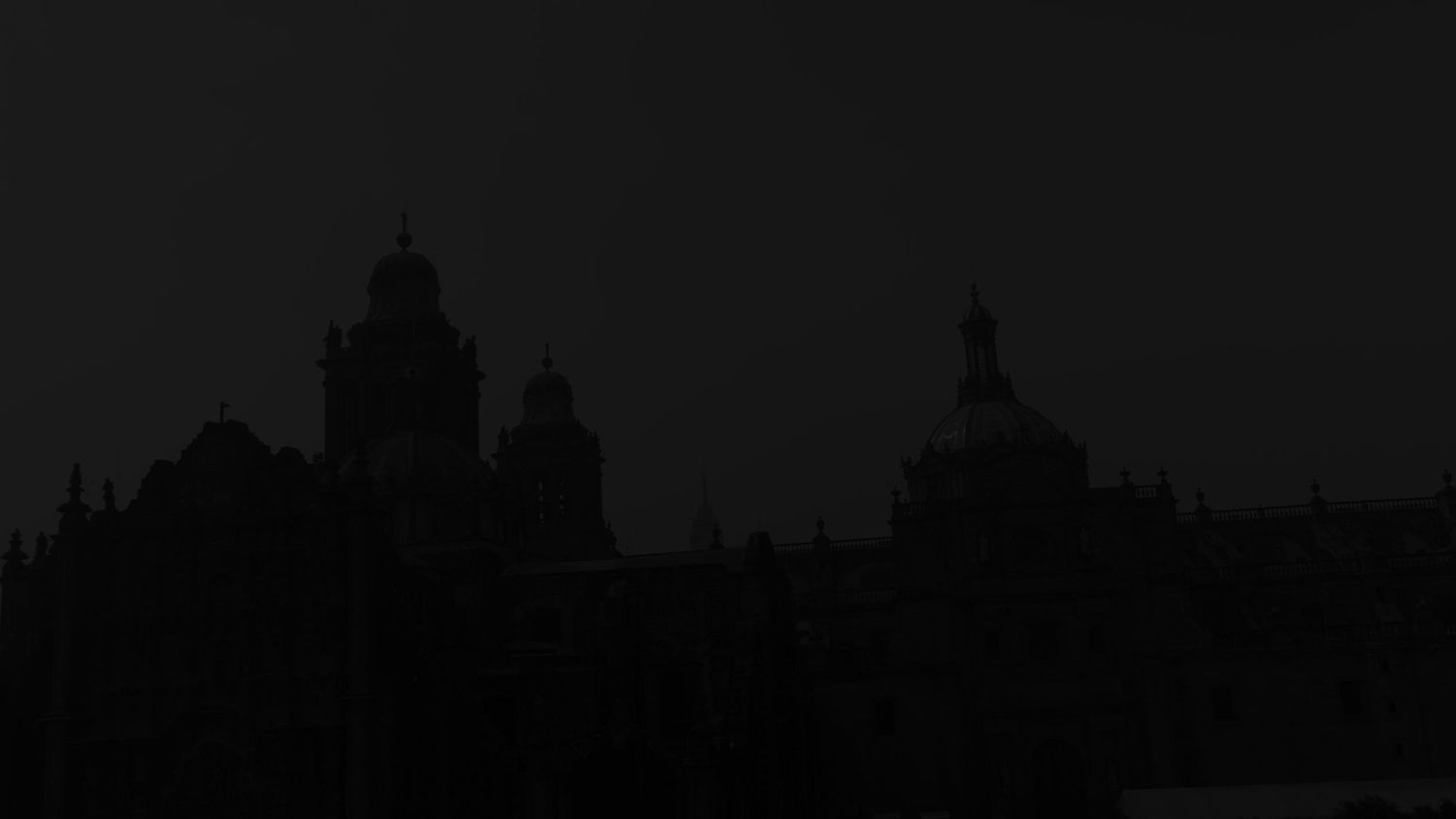 Dark silhouette of a historic cathedral with twin towers against a night sky.