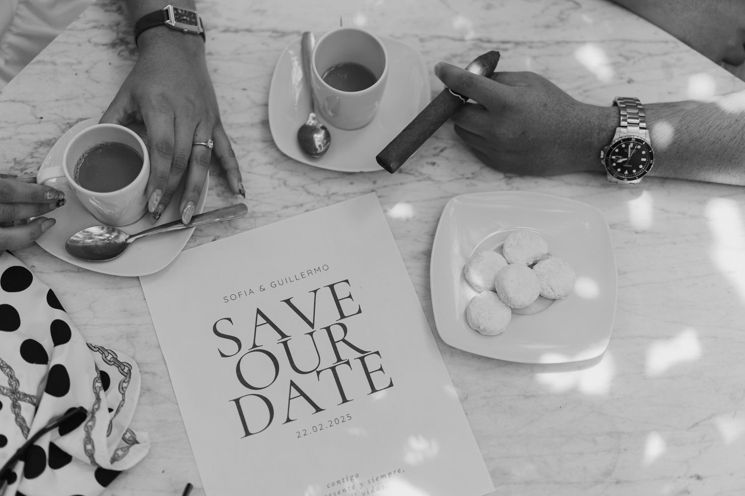 Several minimalist photos arranged side by side showing coffee cups, notebooks, and daily items in monochromatic tones.