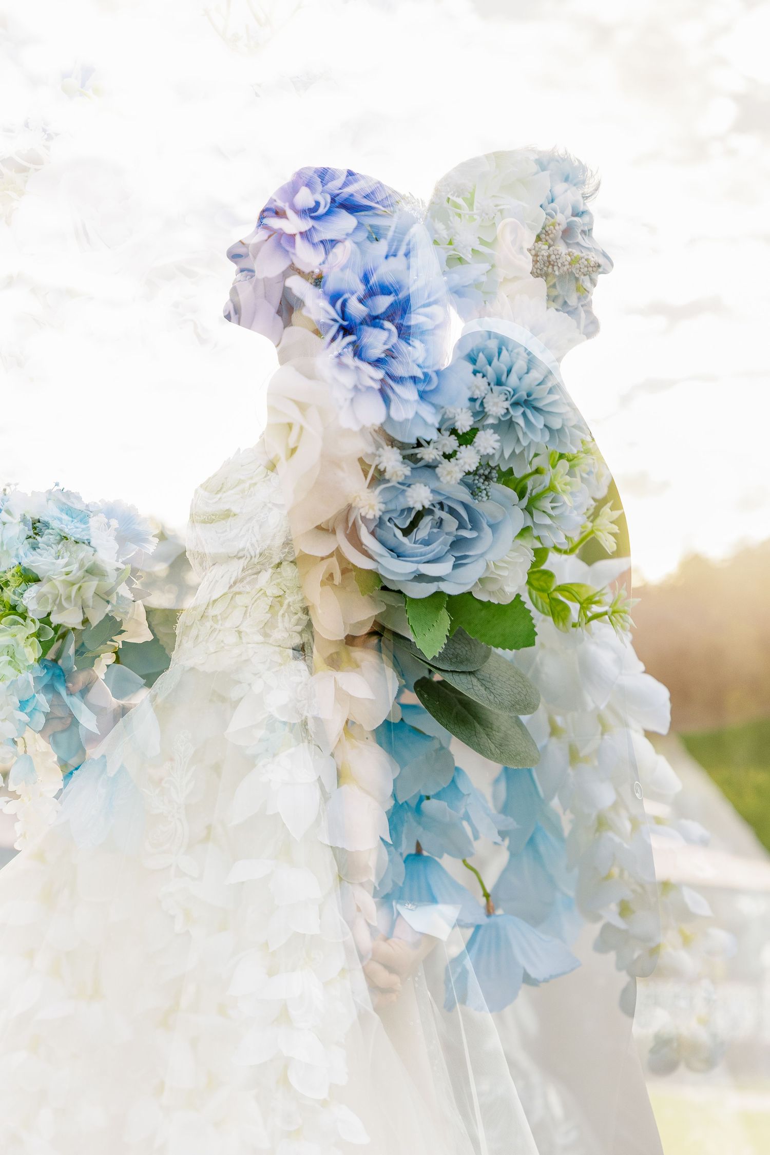 Double exposure of a bride in white gown overlaid with blue and white hydrangea and rose wedding bouquet.