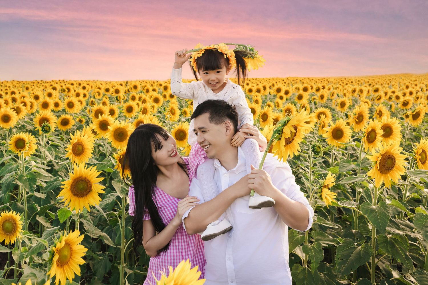 A family shares a joyful moment together in a golden sunflower field at sunset with pink sky overhead.