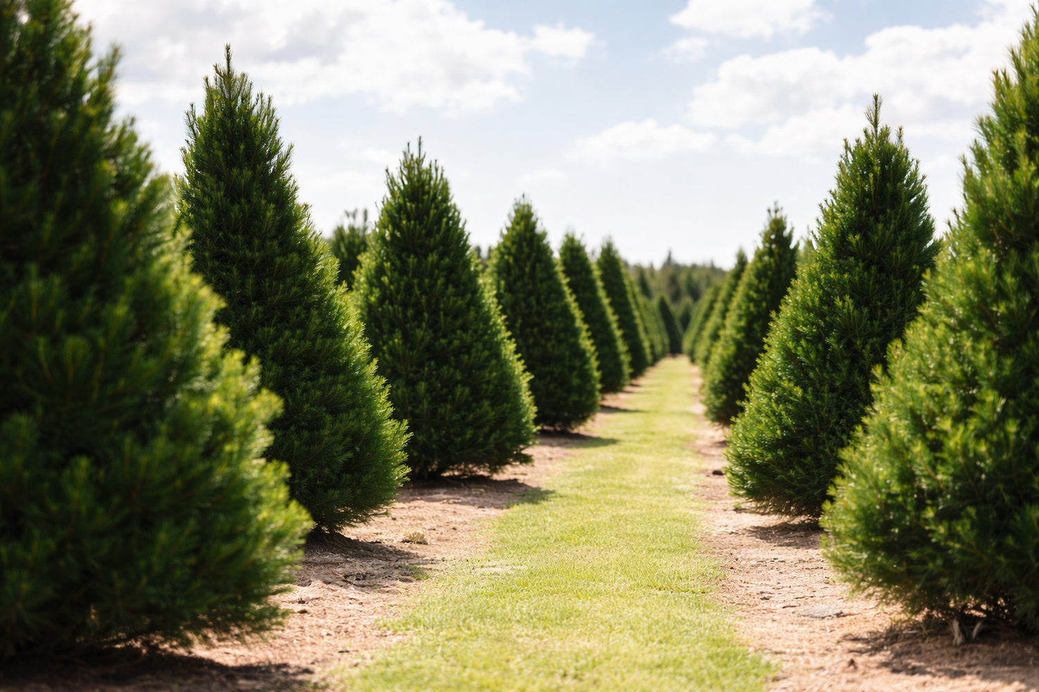 Rows of evergreen Christmas trees line a grassy path at a tree farm on a bright summer day.