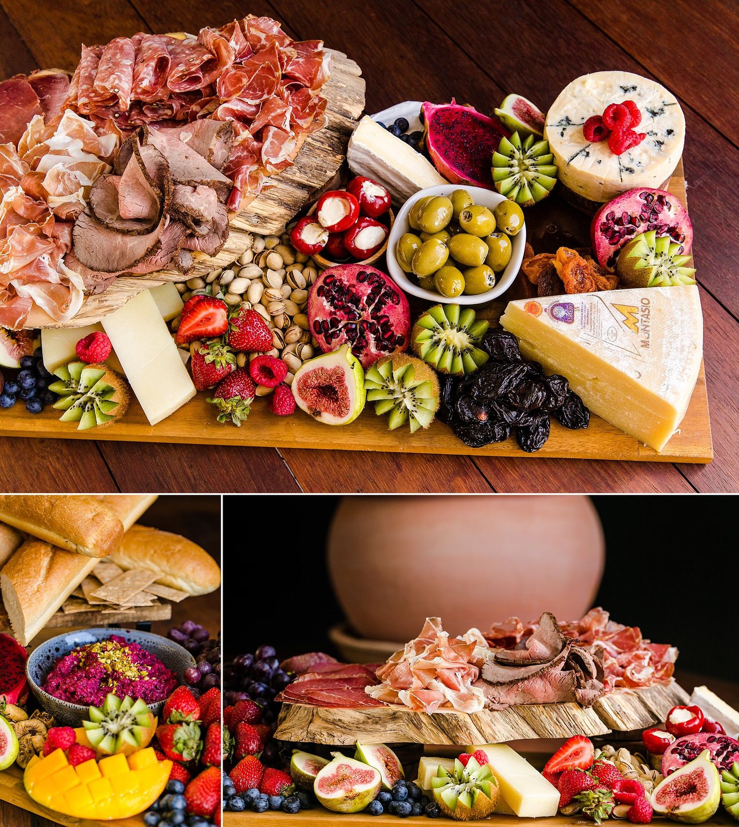 Artfully arranged charcuterie board with meats, cheeses, olives, fruits and nuts displayed on wooden serving platters.