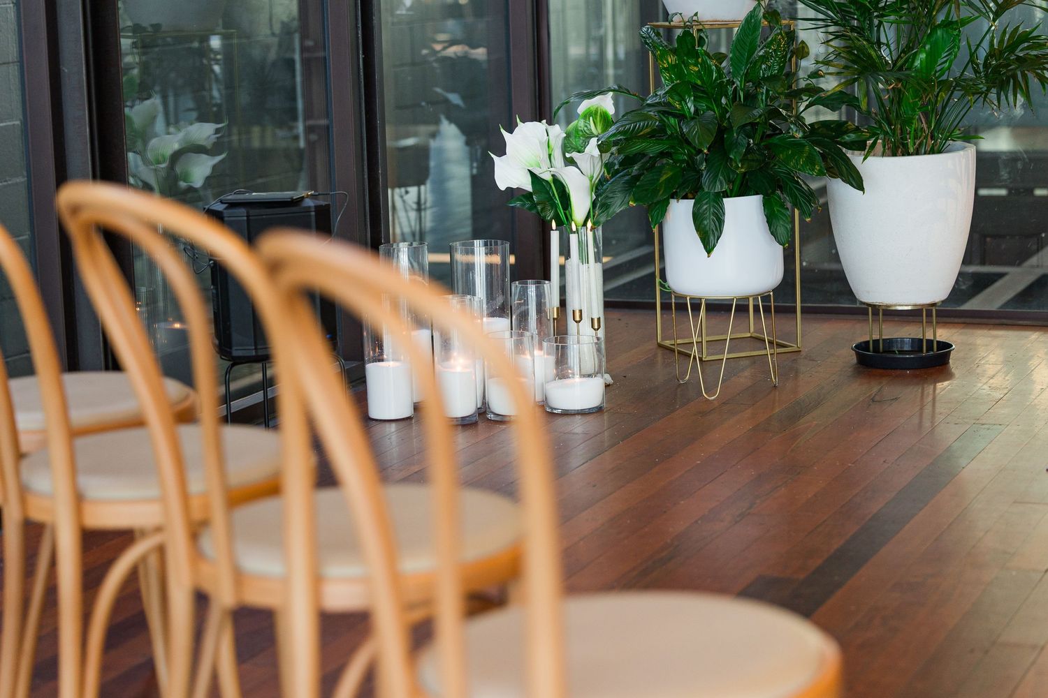 Modern restaurant interior with wooden chairs, candles on a dark table, and white potted plants on hardwood floors.