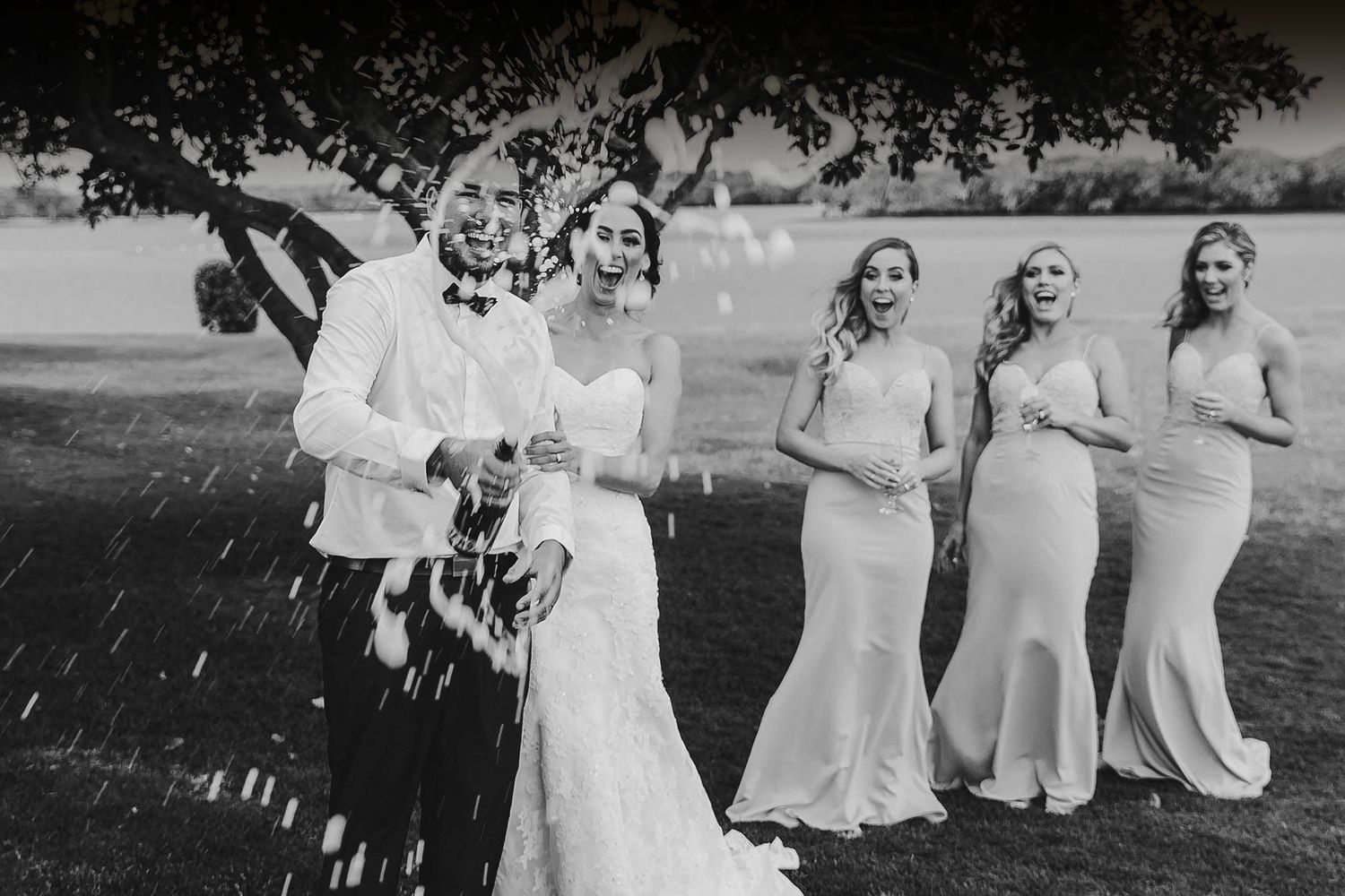 Joyful wedding celebration with confetti toss and bridal party on a sunny lawn.