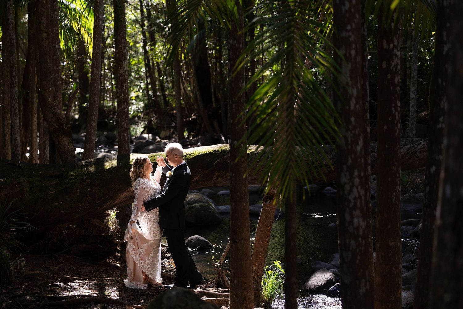 A person stands among tall trees in a shaded forest area with dappled sunlight filtering through the canopy.