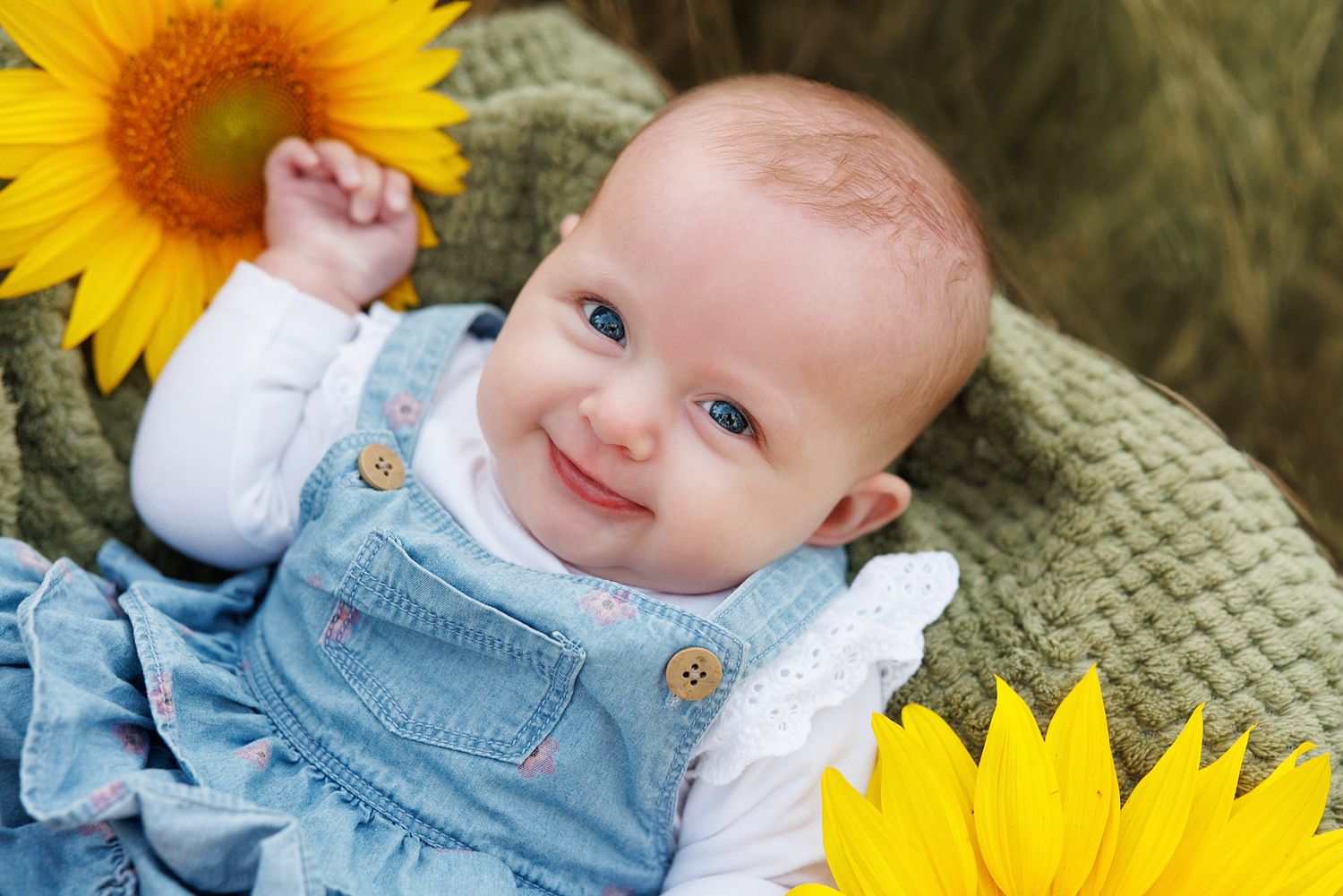 Smiling baby in blue overalls lying next to bright yellow sunflowers.