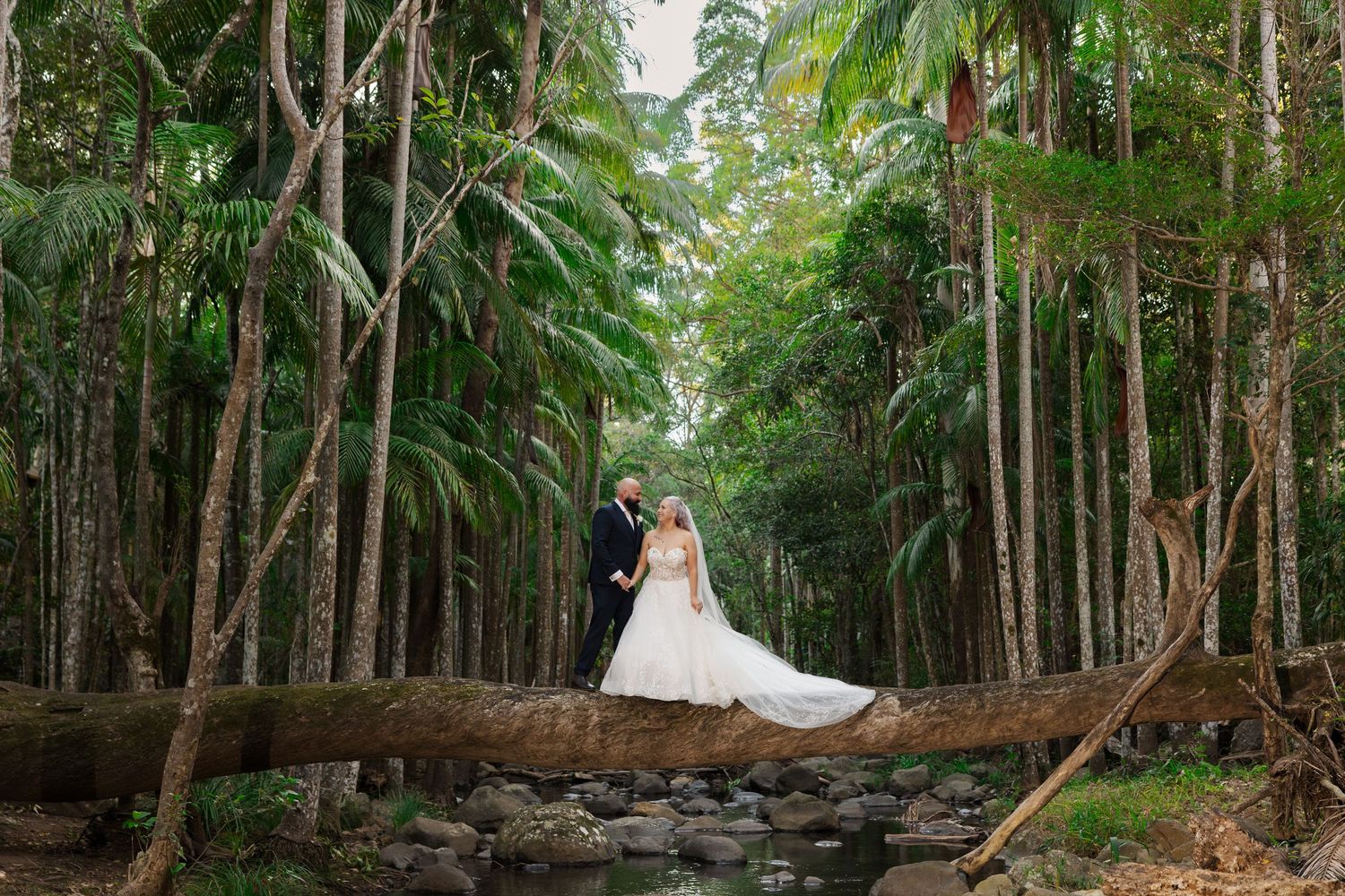 Bride and groom standing on a fallen log in a lush tropical forest during their wedding photo session.