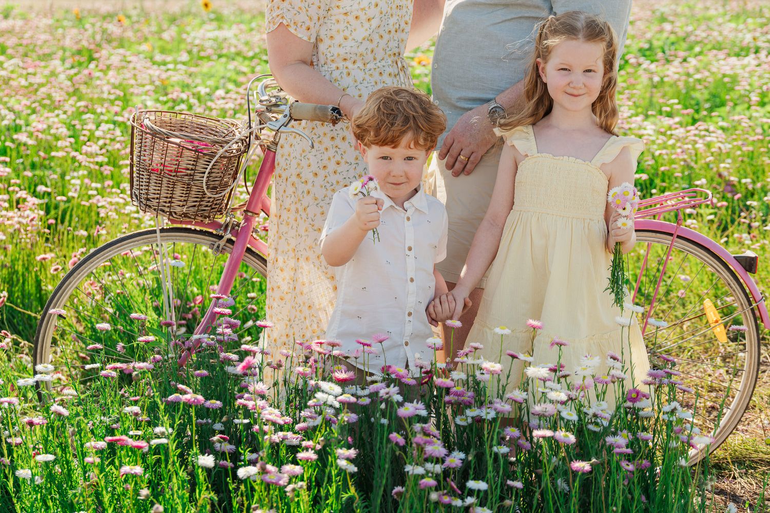 Two children stand among pink wildflowers in a sunny field beside a vintage bicycle with a wicker basket.