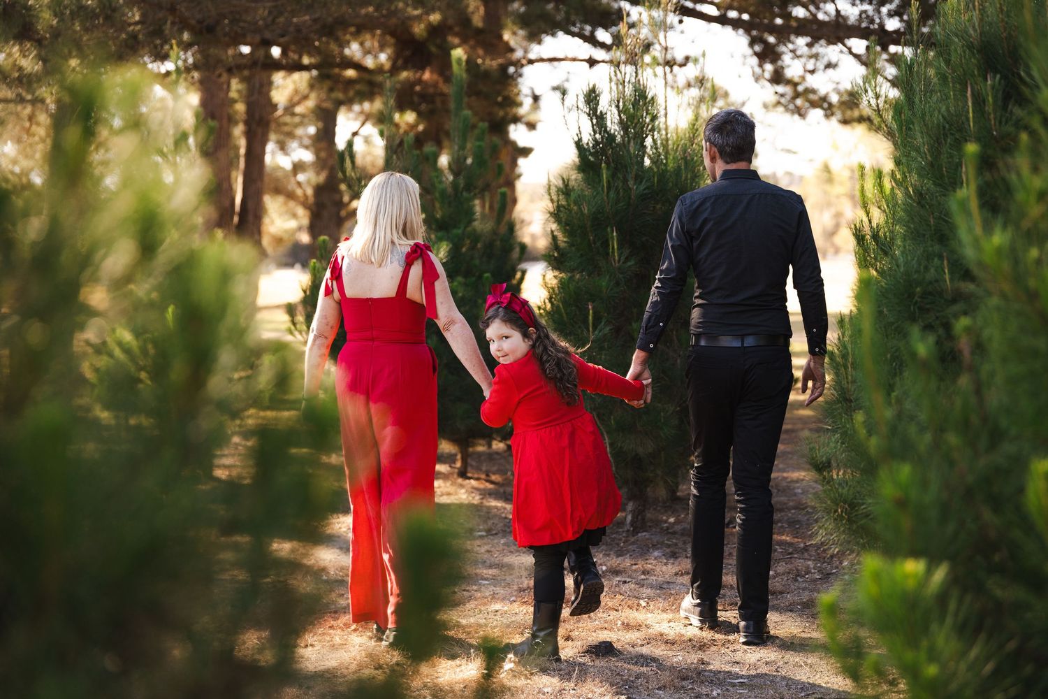 A family in coordinated red outfits walks hand in hand down a pine tree-lined path during golden hour.