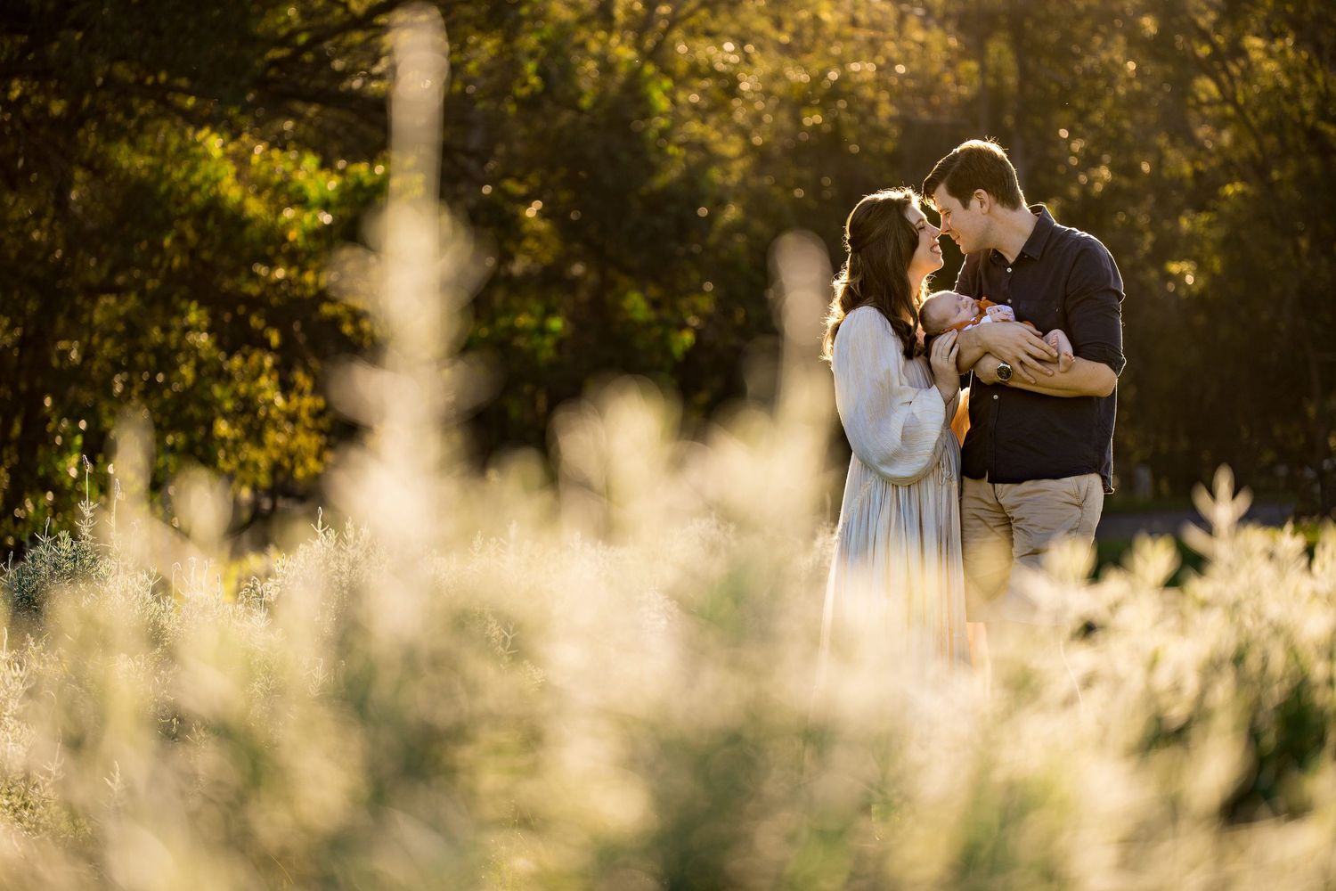 Couple tenderly holding newborn baby in golden sunlight surrounded by lush greenery in an outdoor portrait.