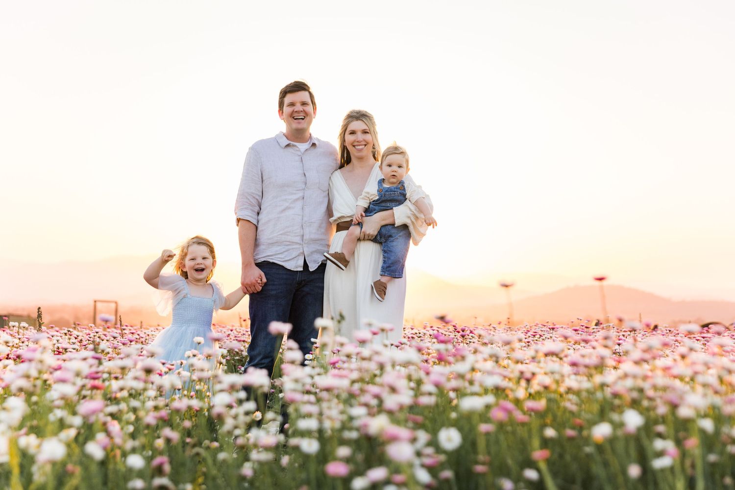 Family of four smiling in a blooming pink flower field at sunset, parents holding young children.