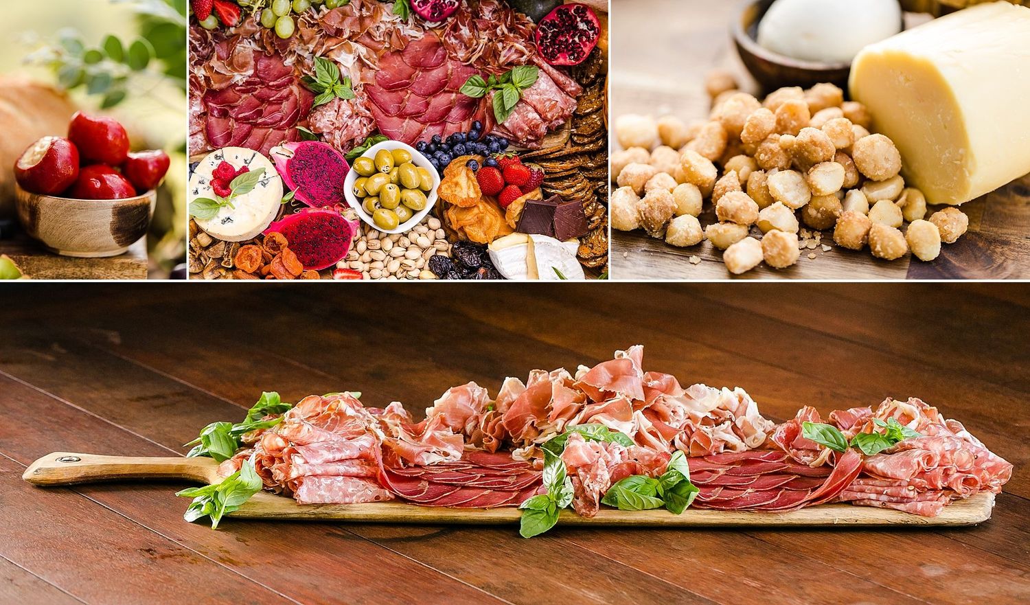 A collage of gourmet foods including charcuterie boards, meats, cheeses, and appetizers arranged in a horizontal banner.