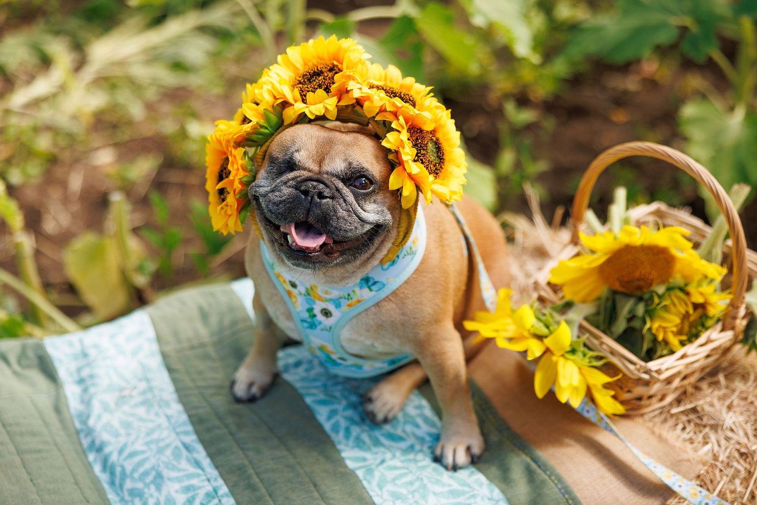 Happy pug wearing a sunflower crown and blue outfit sits on blanket next to basket of sunflowers.
