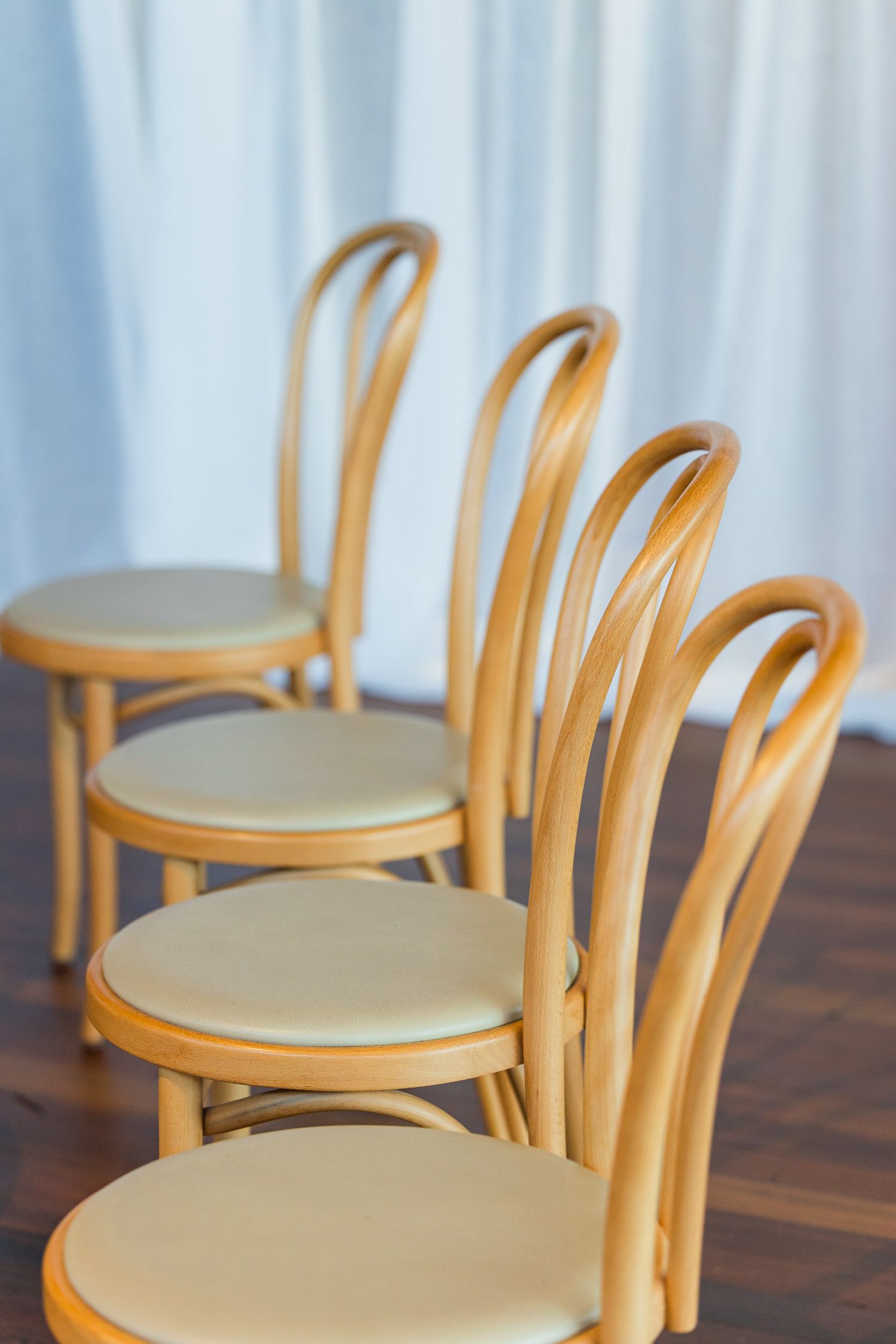 Row of elegant wooden bentwood chairs with cream cushioned seats on hardwood floor against white curtain backdrop.