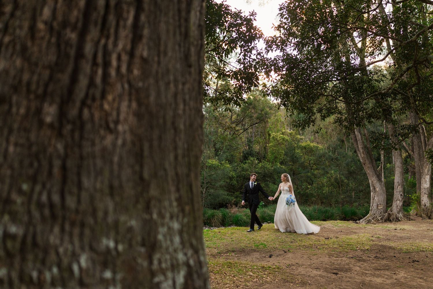 Bride and groom walk hand in hand through a scenic woodland path framed by large tree trunks.