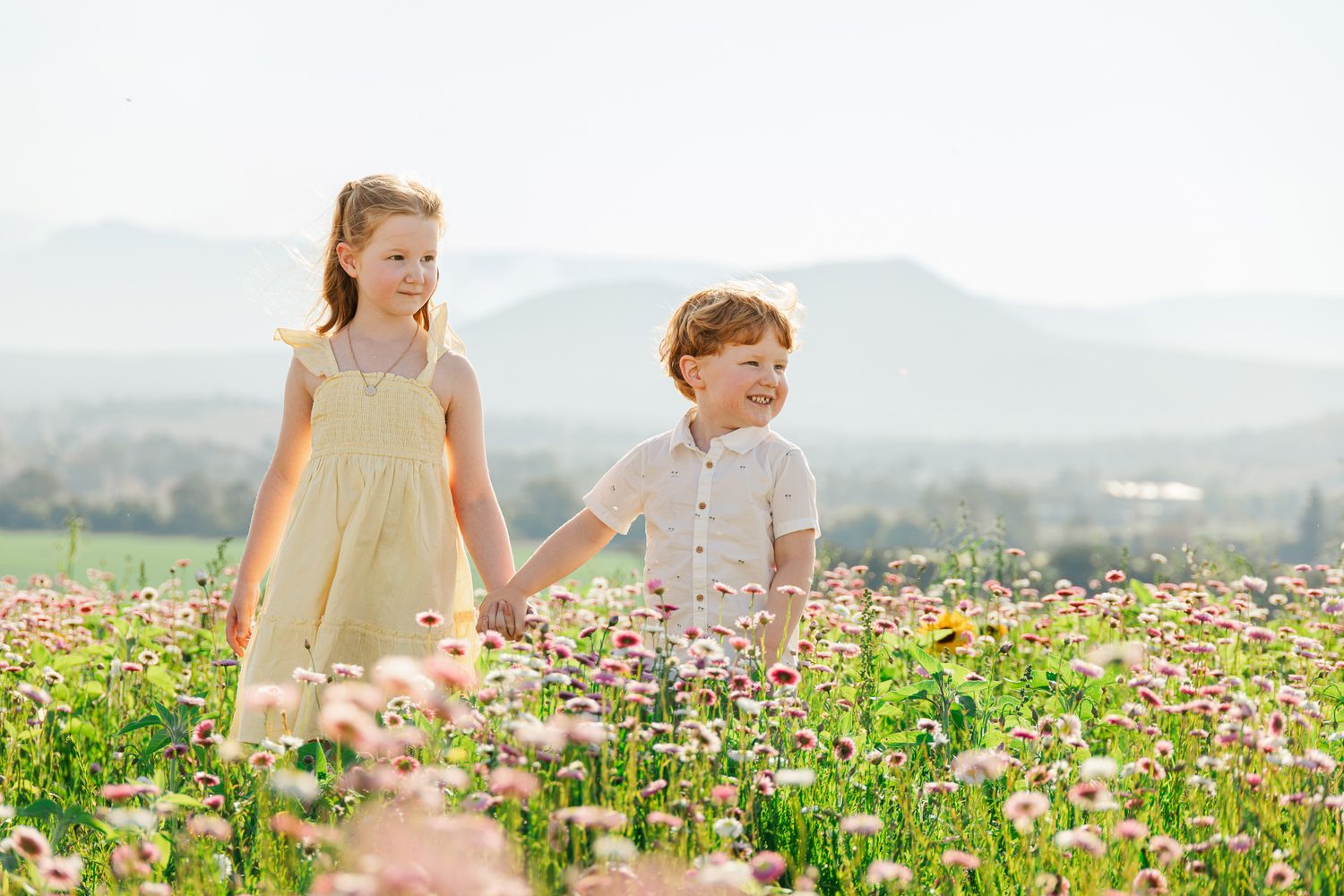 Two children holding hands in a blooming flower field with mountain backdrop on a sunny day.