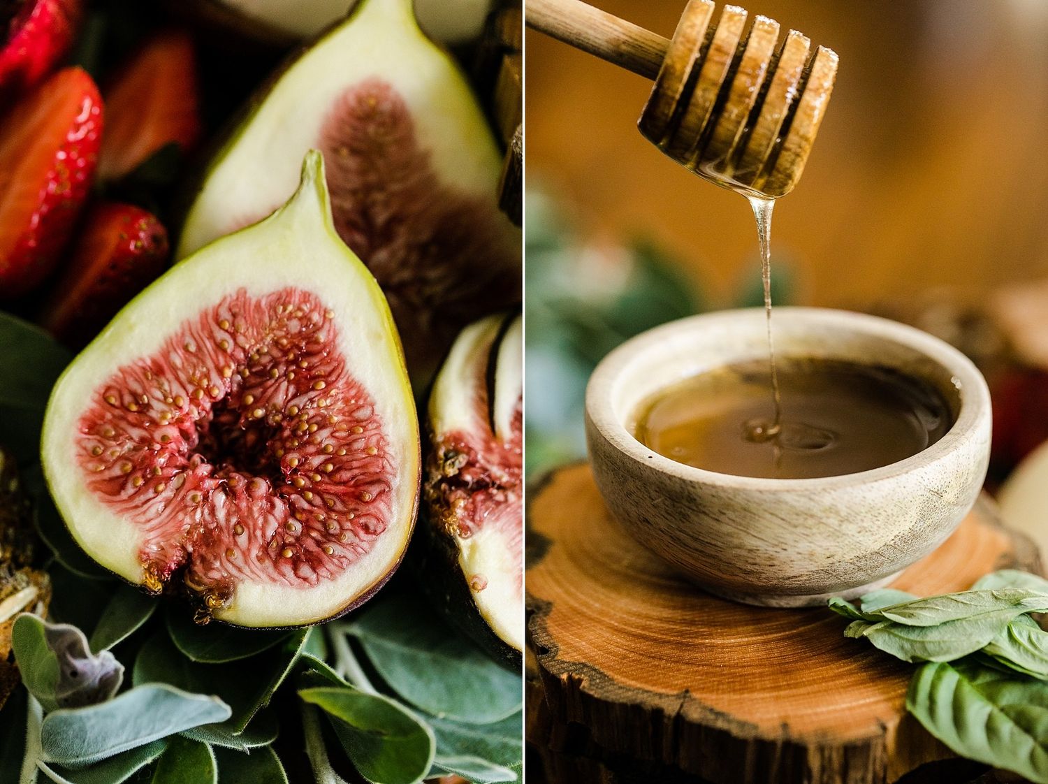 Close-up collage of fresh figs, coffee, and culinary ingredients on rustic wooden surfaces.