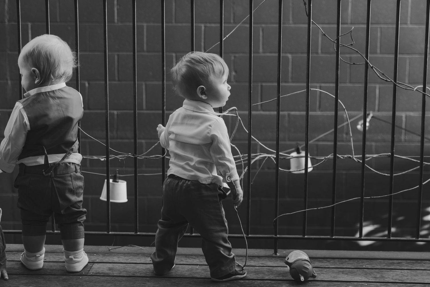 Two toddler boys in suspenders stand near a fence with string lights in black and white photo.