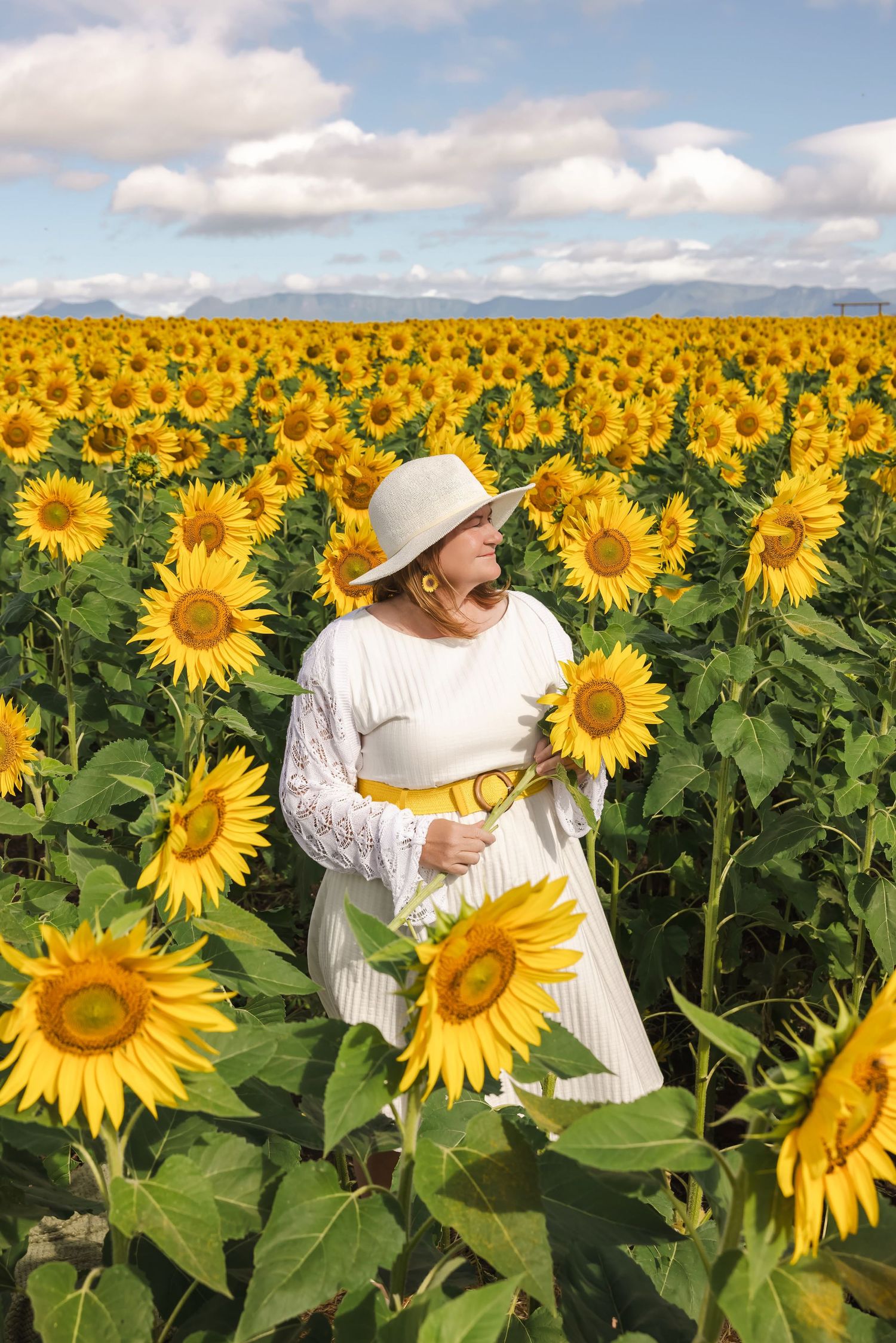 A bright sunflower field stretches toward mountains under puffy clouds, with a figure in white dress and hat among the blooms.