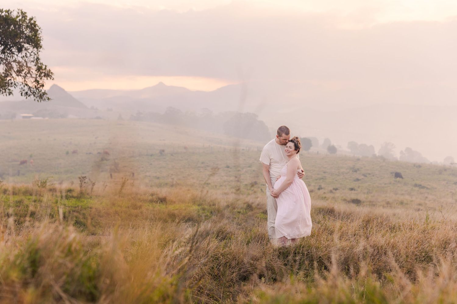 Romantic sunset scene in a golden field with mountains in the background and soft pink sky.