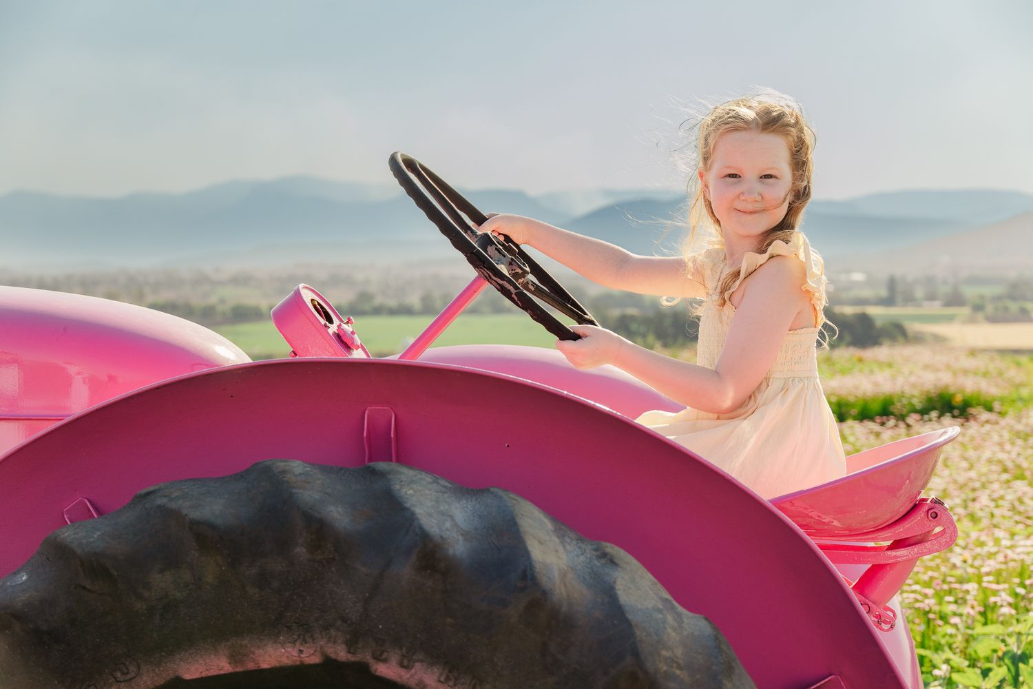 Young girl smiling while sitting on a pink tractor in a blooming field with mountains in the background.