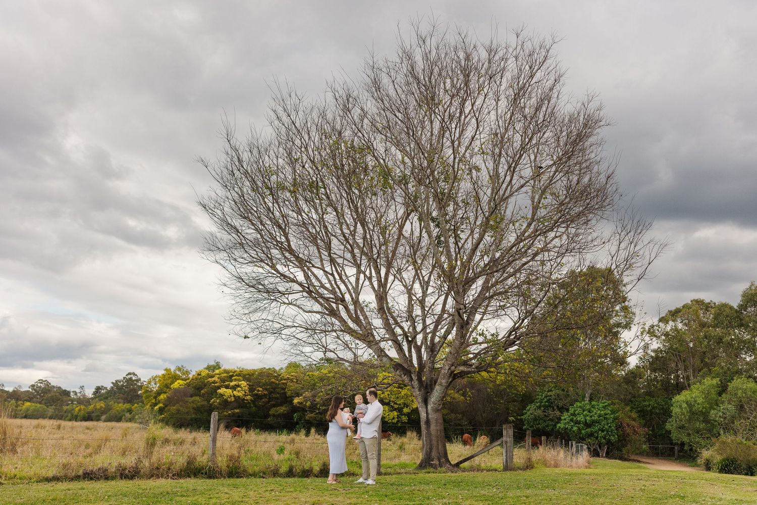 Couple in white attire standing beneath a bare tree in a lush green field under cloudy skies.