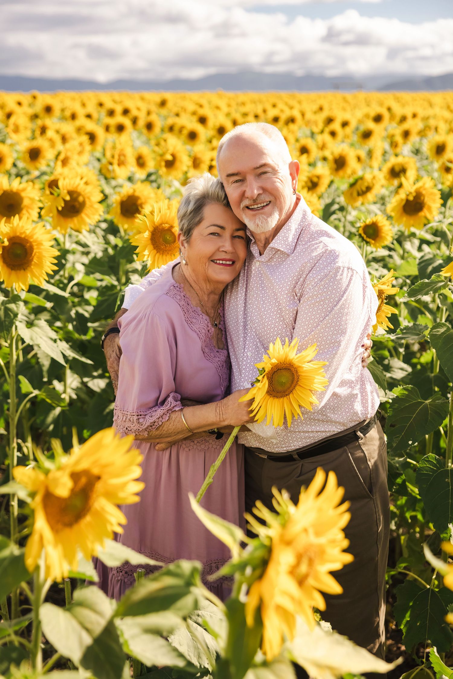 Elderly couple embracing in a vibrant sunflower field, woman in lavender dress holding a sunflower, man in white shirt smiling.