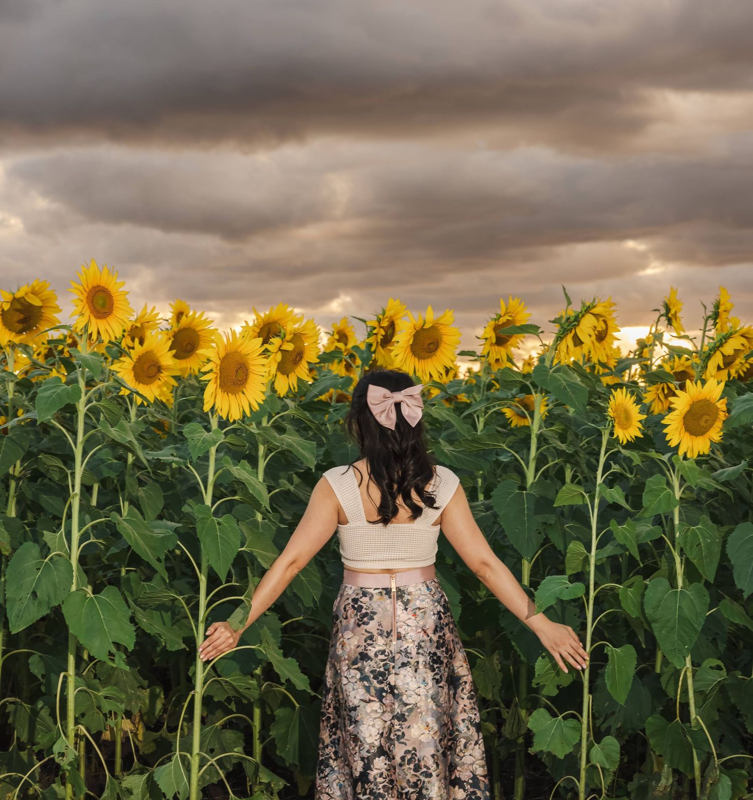 A person stands with outstretched arms in a sunflower field under dramatic stormy clouds at sunset.
