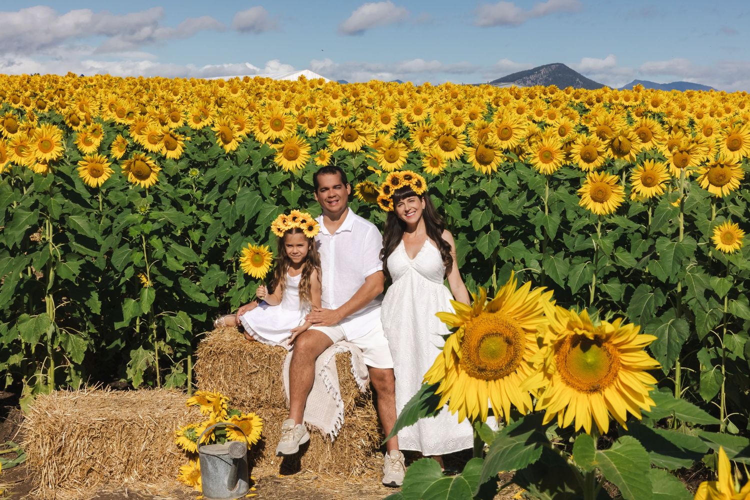 Family of three in white outfits wearing sunflower crowns pose on hay bales in a vast sunflower field.