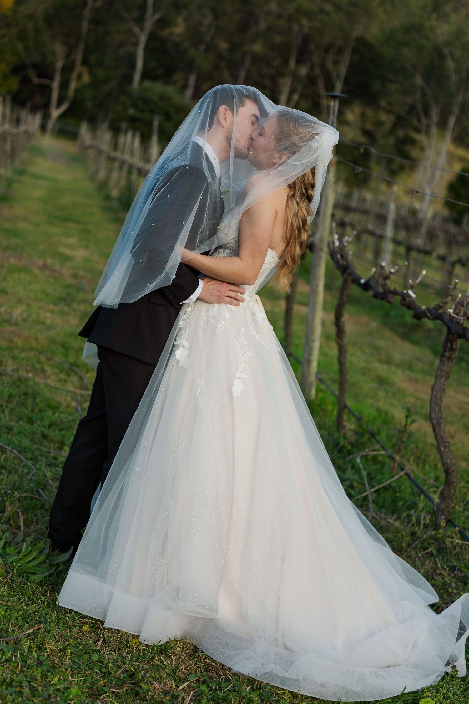 Bride and groom kissing under a veil in a vineyard, bride wearing a flowing white ballgown wedding dress.