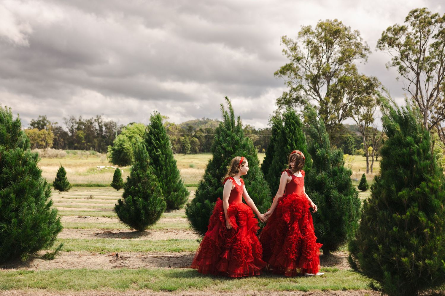 Red dresses flow through an evergreen Christmas tree farm on an overcast day with dramatic clouds overhead.