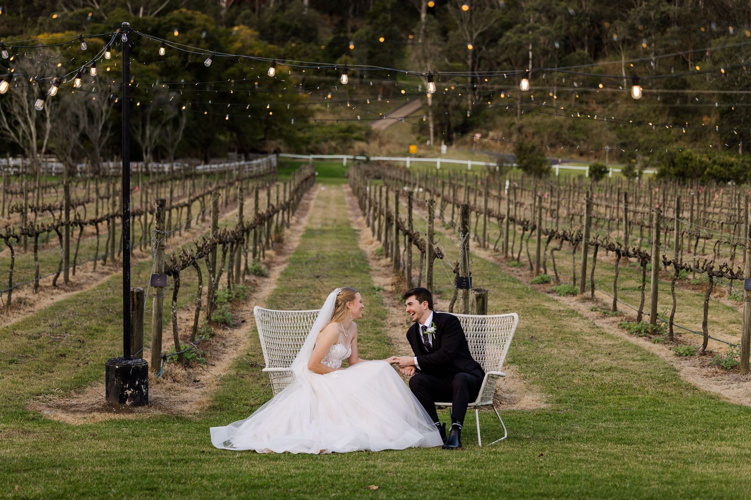 Bride and groom sit on white bench between vineyard rows with string lights at romantic winery wedding.