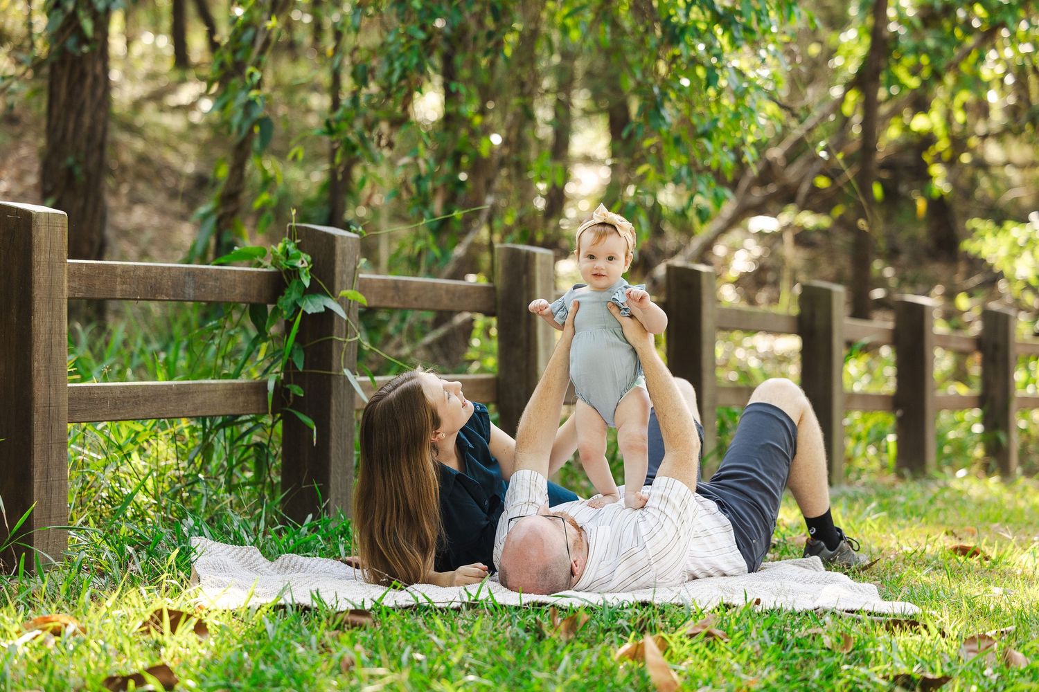 A couple sits together on a blanket in a lush green park setting during a sunny afternoon.