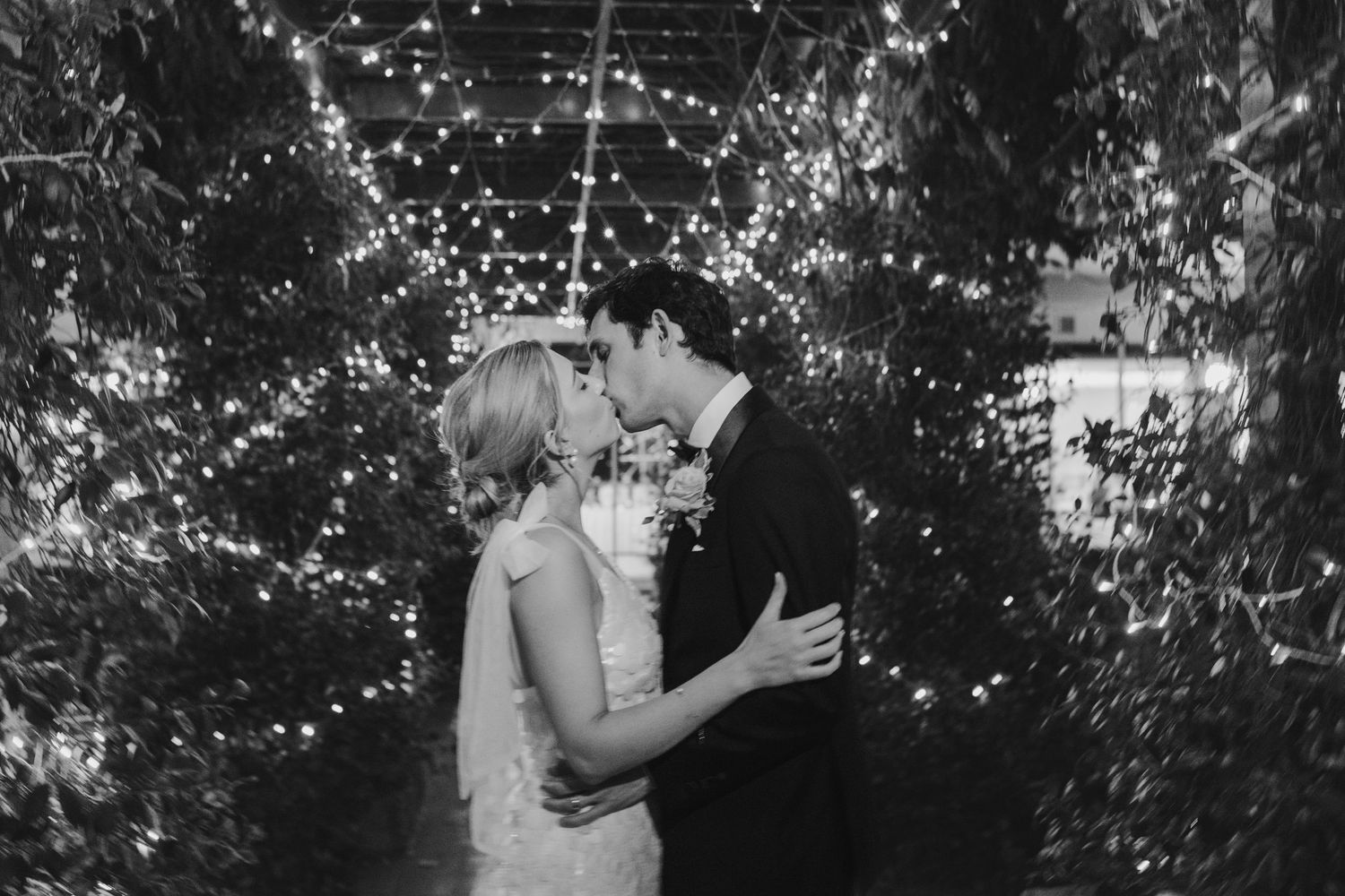 Romantic evening scene with string lights twinkling in trees creating a magical atmosphere.