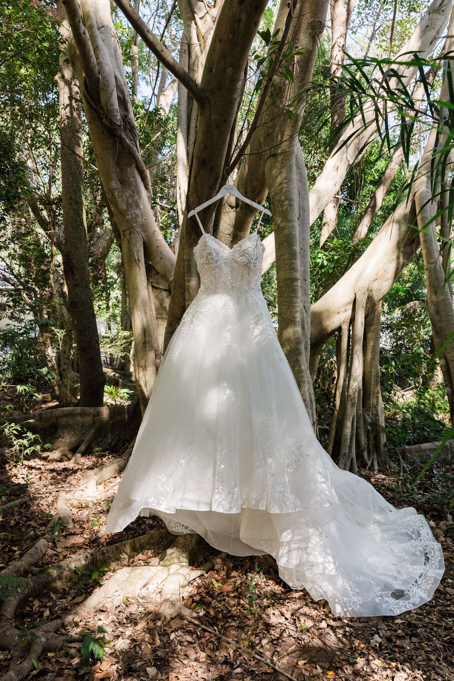 Elegant white wedding dress with lace bodice and flowing skirt hanging from a tree in a lush green forest.