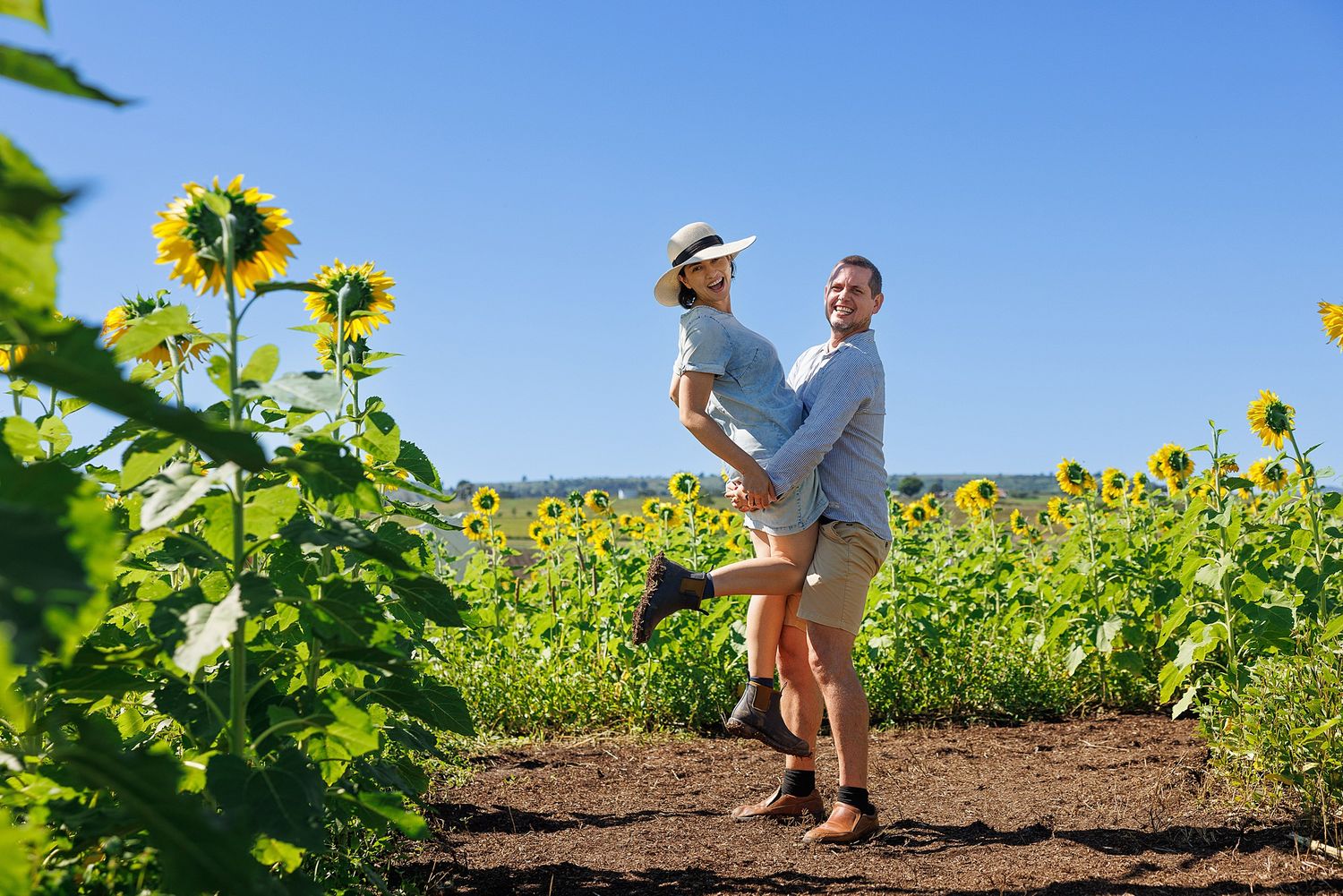 A person lifts their companion playfully in a vibrant sunflower field on a bright sunny day.