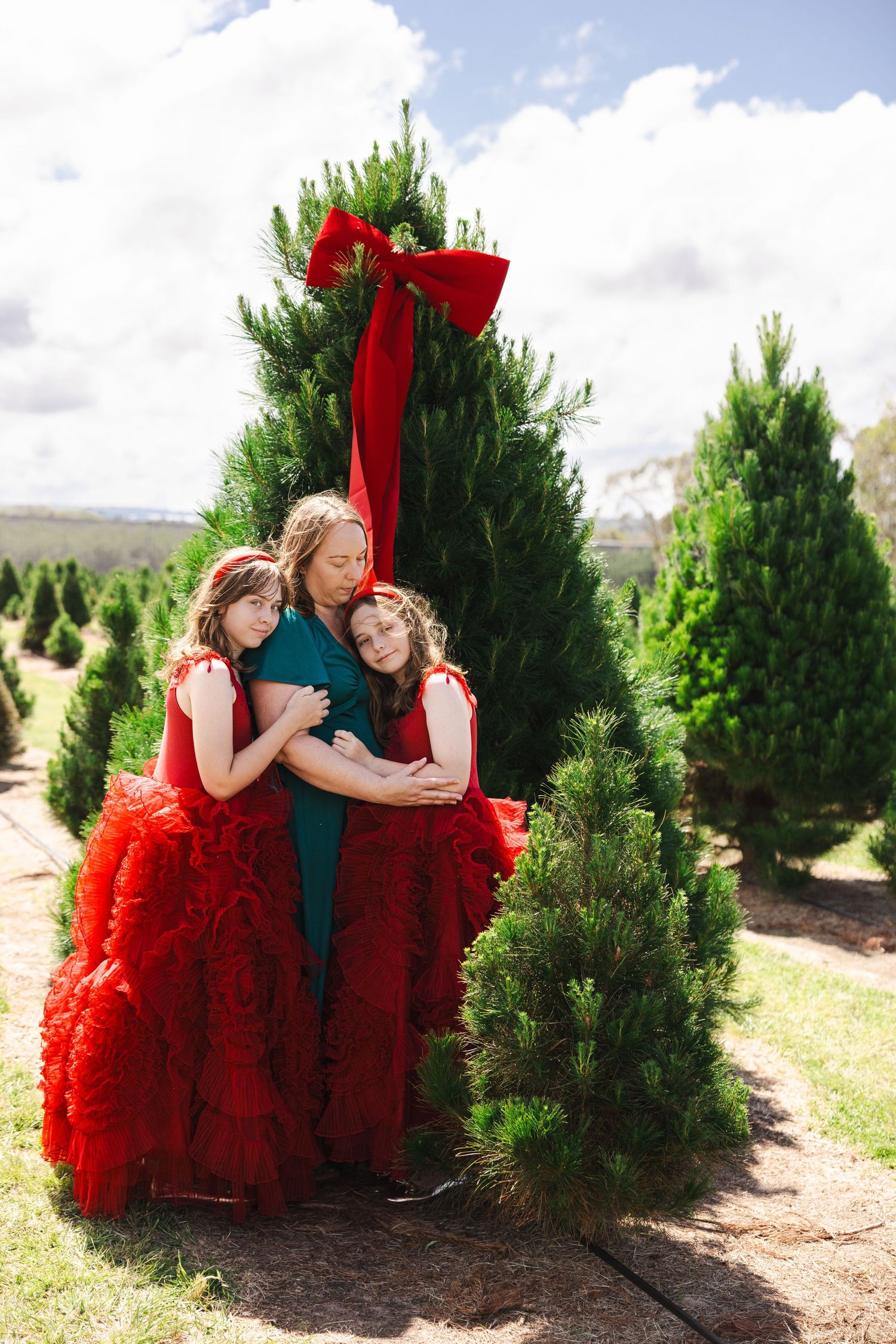 Two people in red dresses share a playful moment between evergreen trees at a Christmas tree farm.