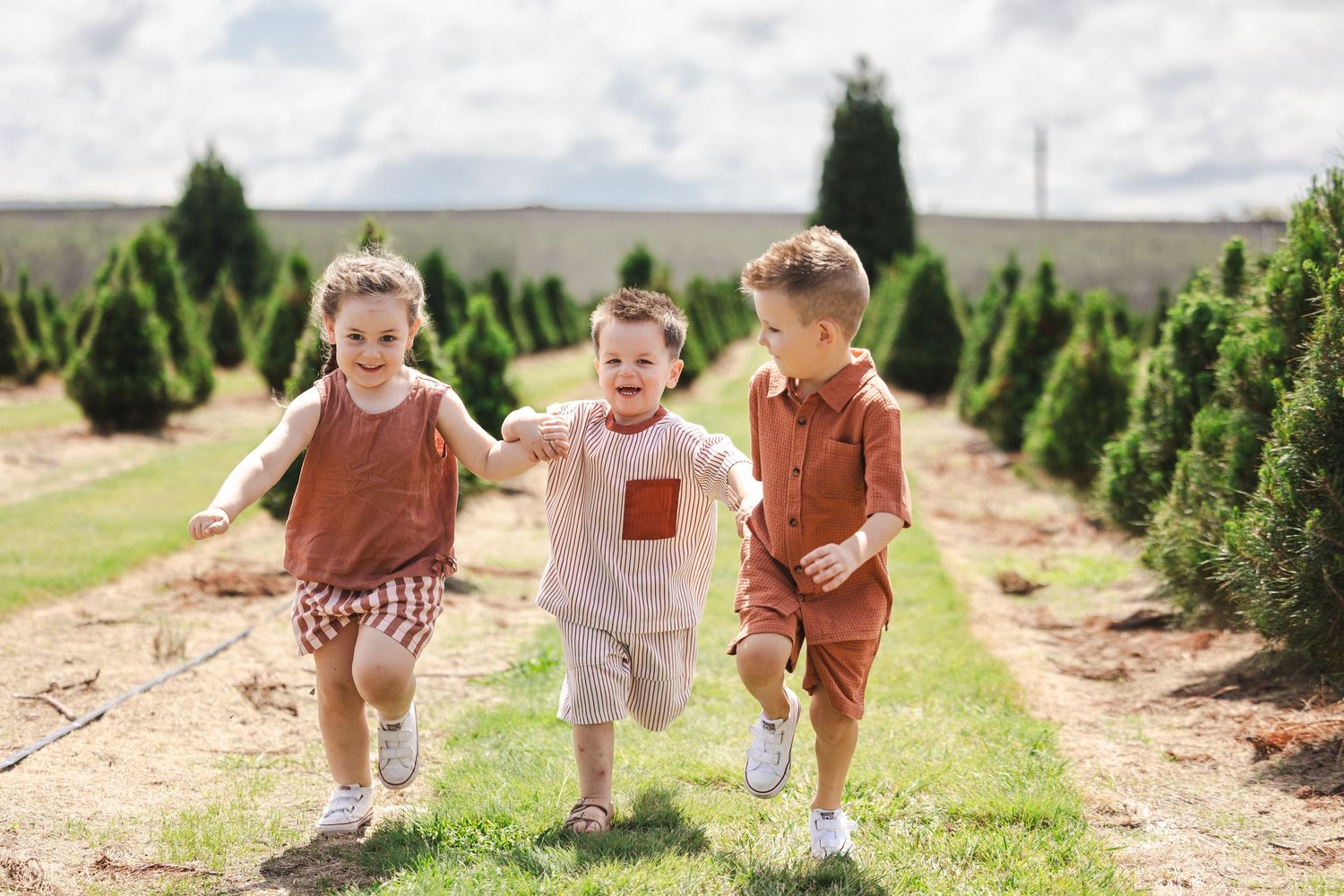 Three children run joyfully between rows of evergreen trees at a Christmas tree farm on a sunny day.