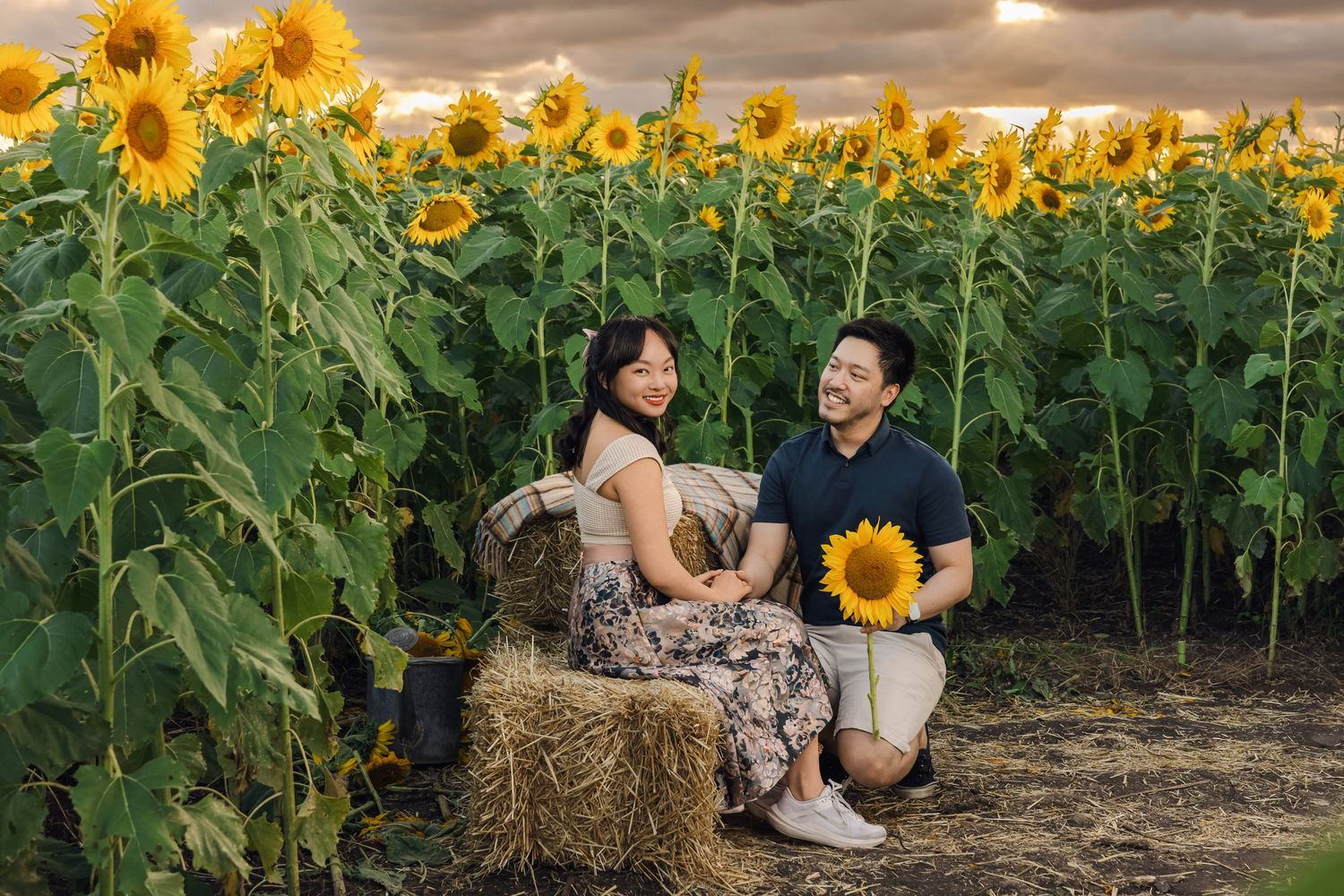 Couple sitting on a hay bale in a sunflower field at golden hour sunset.