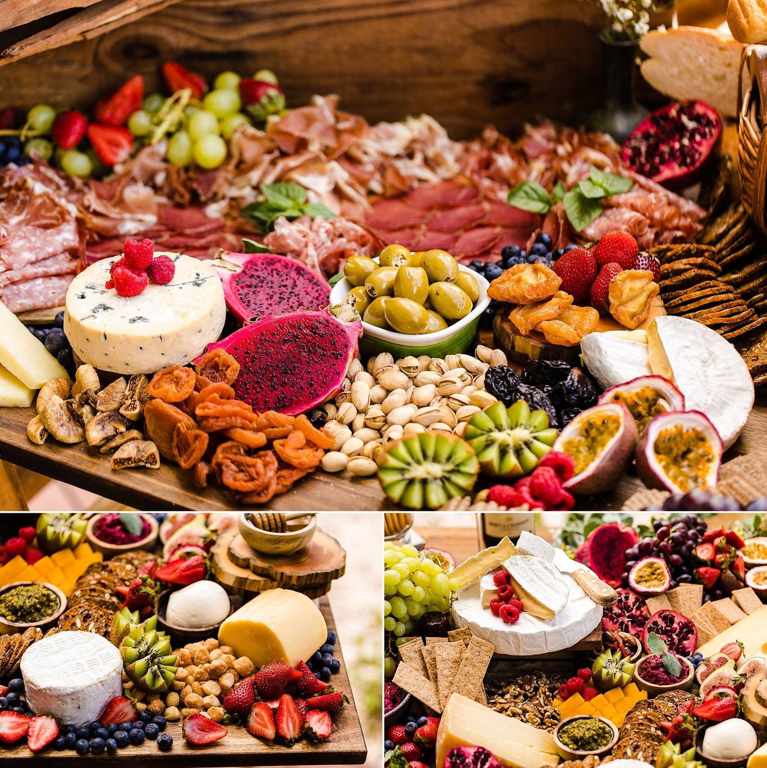 Elegant charcuterie board spread with meats, cheeses, fruits, nuts, and olives arranged on wooden platters.