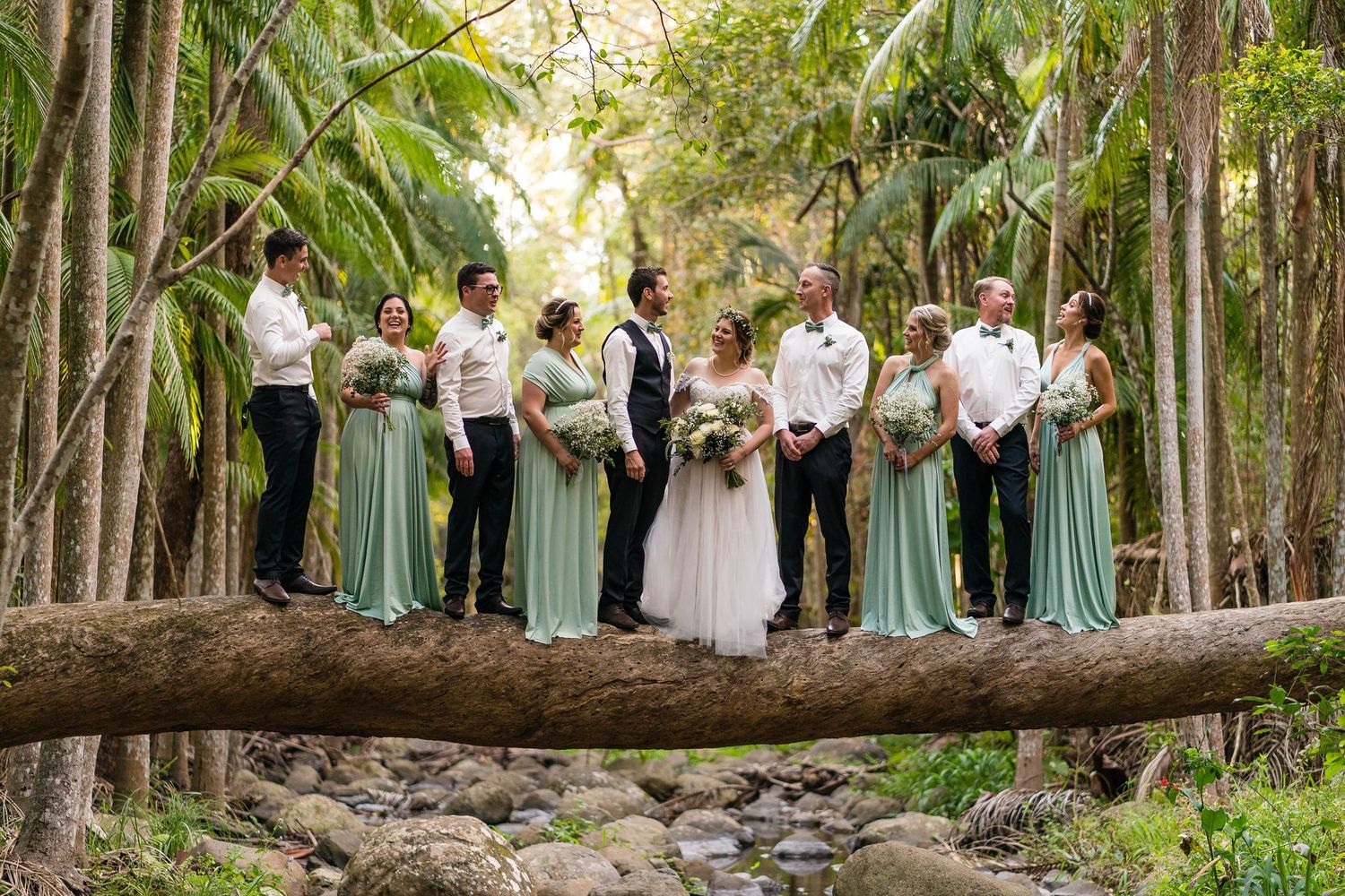 Wedding party stands on fallen tree trunk in tropical bamboo forest during outdoor ceremony.