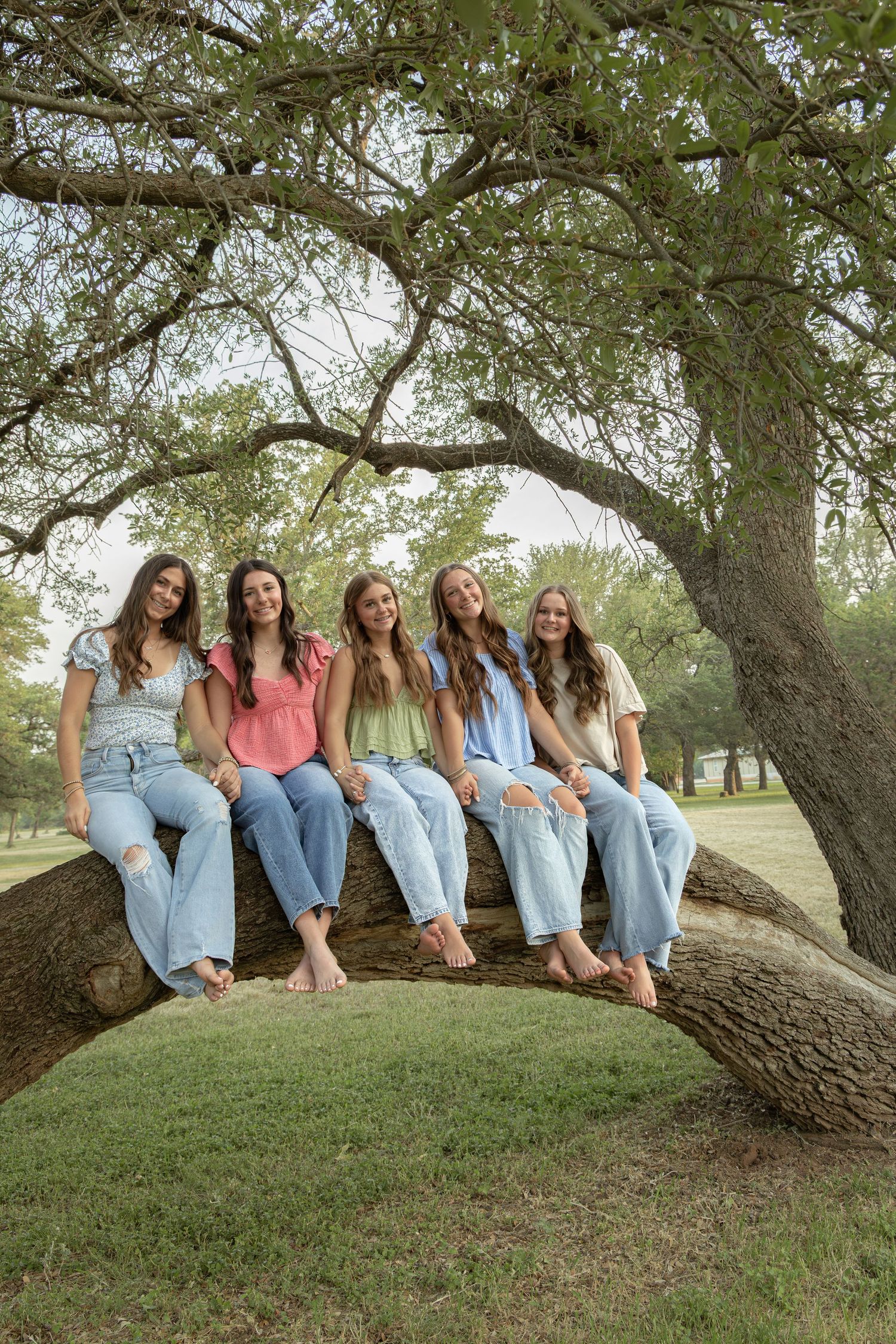 Five young women sitting on curved tree branch outdoors in casual jeans outfits smiling.