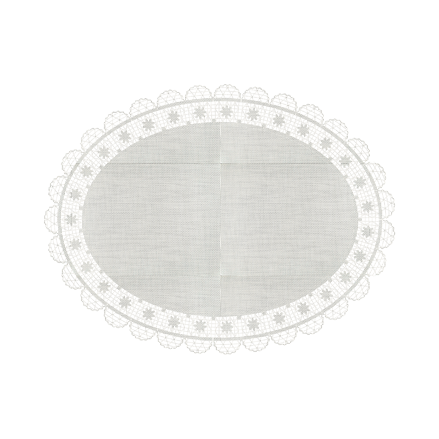 An elegant white oval lace doily with decorative scalloped edges and floral embroidery pattern.
