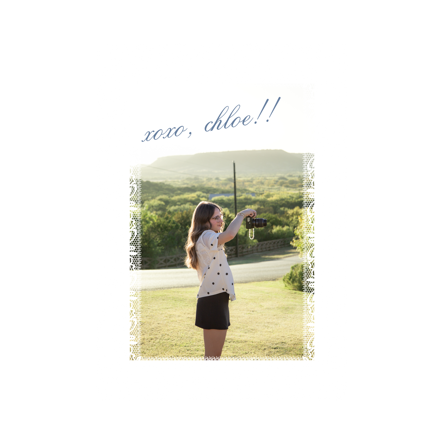 Young girl taking a selfie outdoors with text overlay reading xoxo, chloe!! in blue script.