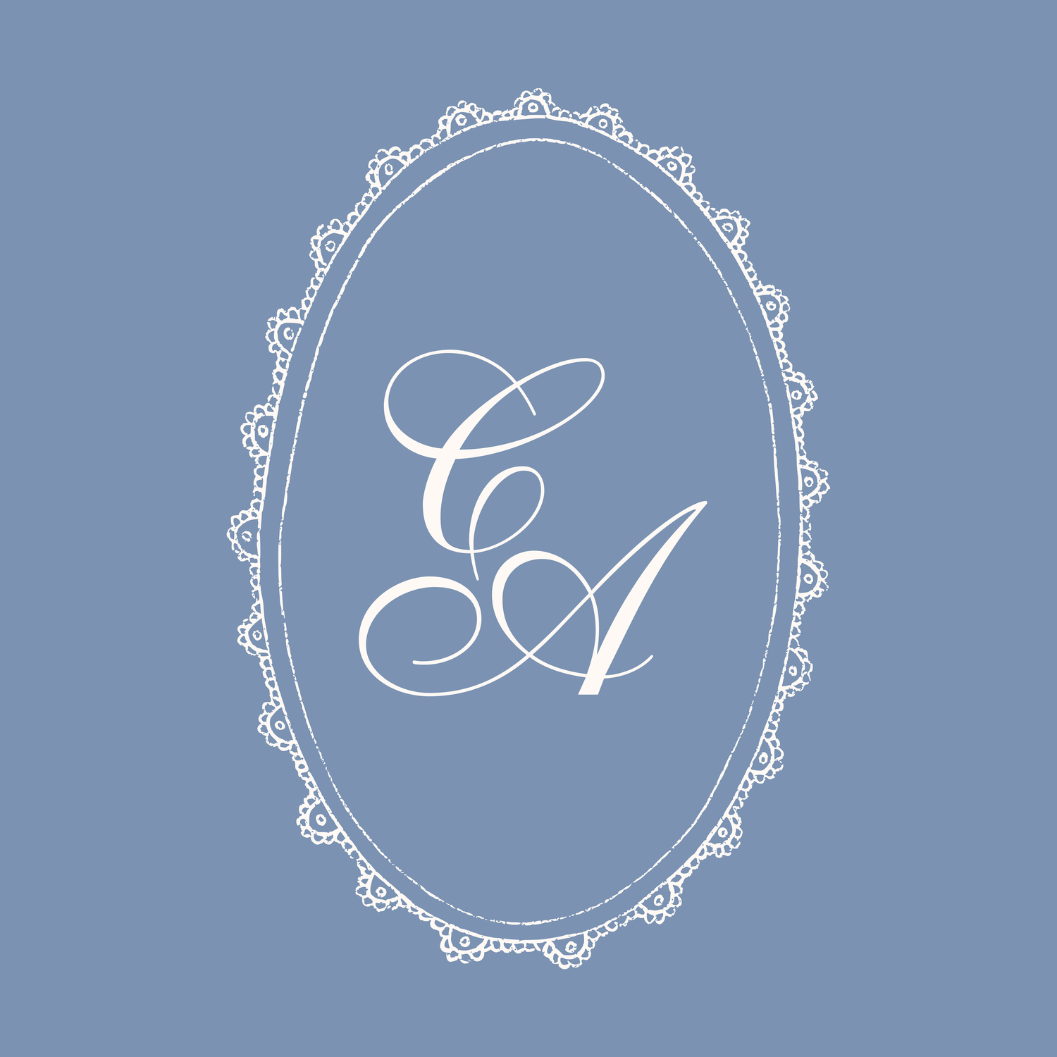 Blue background oval monogram with white lace border and elegant cursive CA initials design.