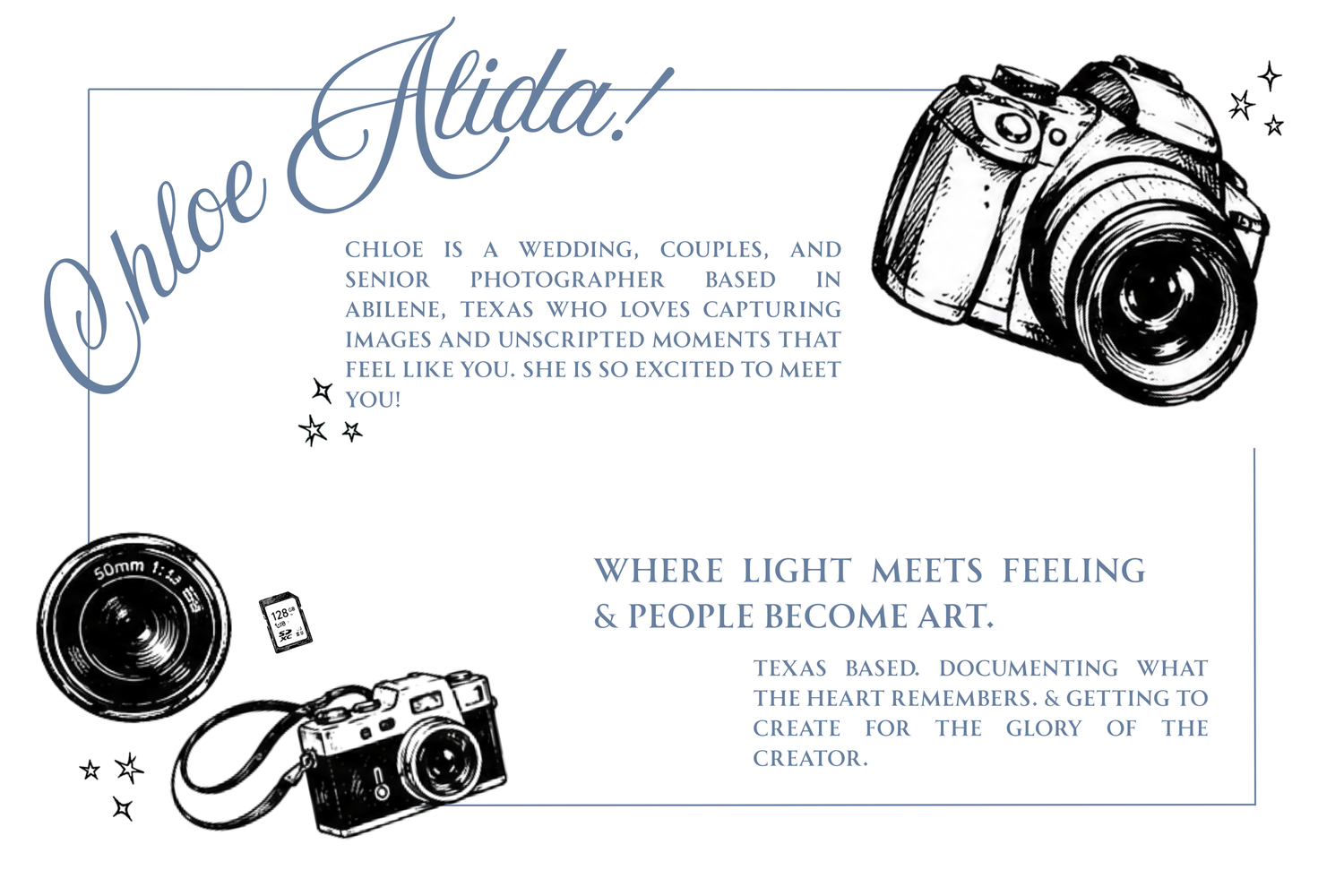 Chloe Alida wedding photographer business card featuring camera illustrations and elegant script text on white background.
