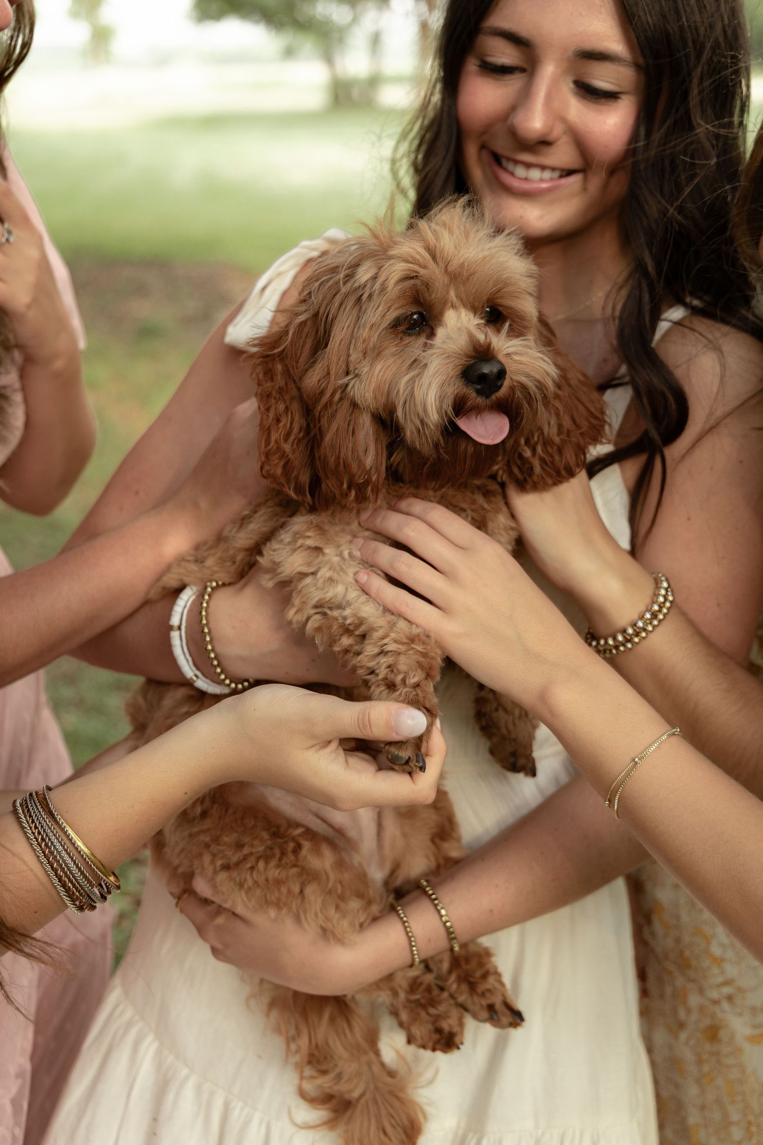 Smiling young woman holding a fluffy golden Cavapoo puppy outdoors, surrounded by friends wearing gold bracelets.