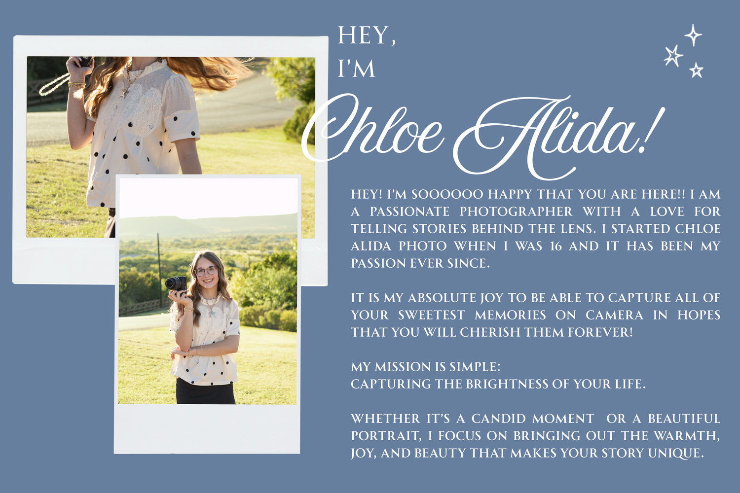 Chloe Alida photographer introduction card with two portrait photos and blue background with white text.