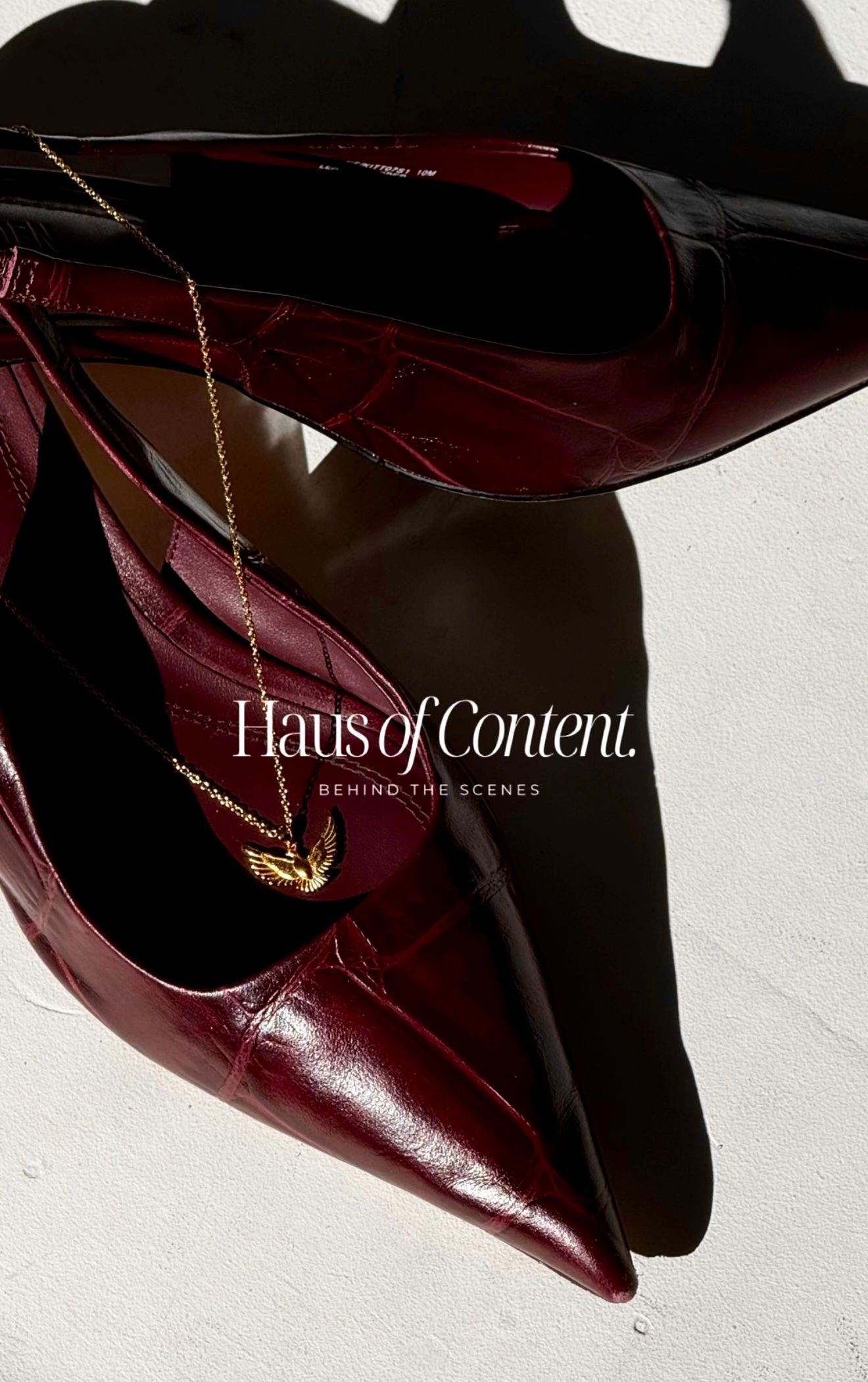 Elegant burgundy patent leather pointed-toe heels with delicate gold chain detail against white background.